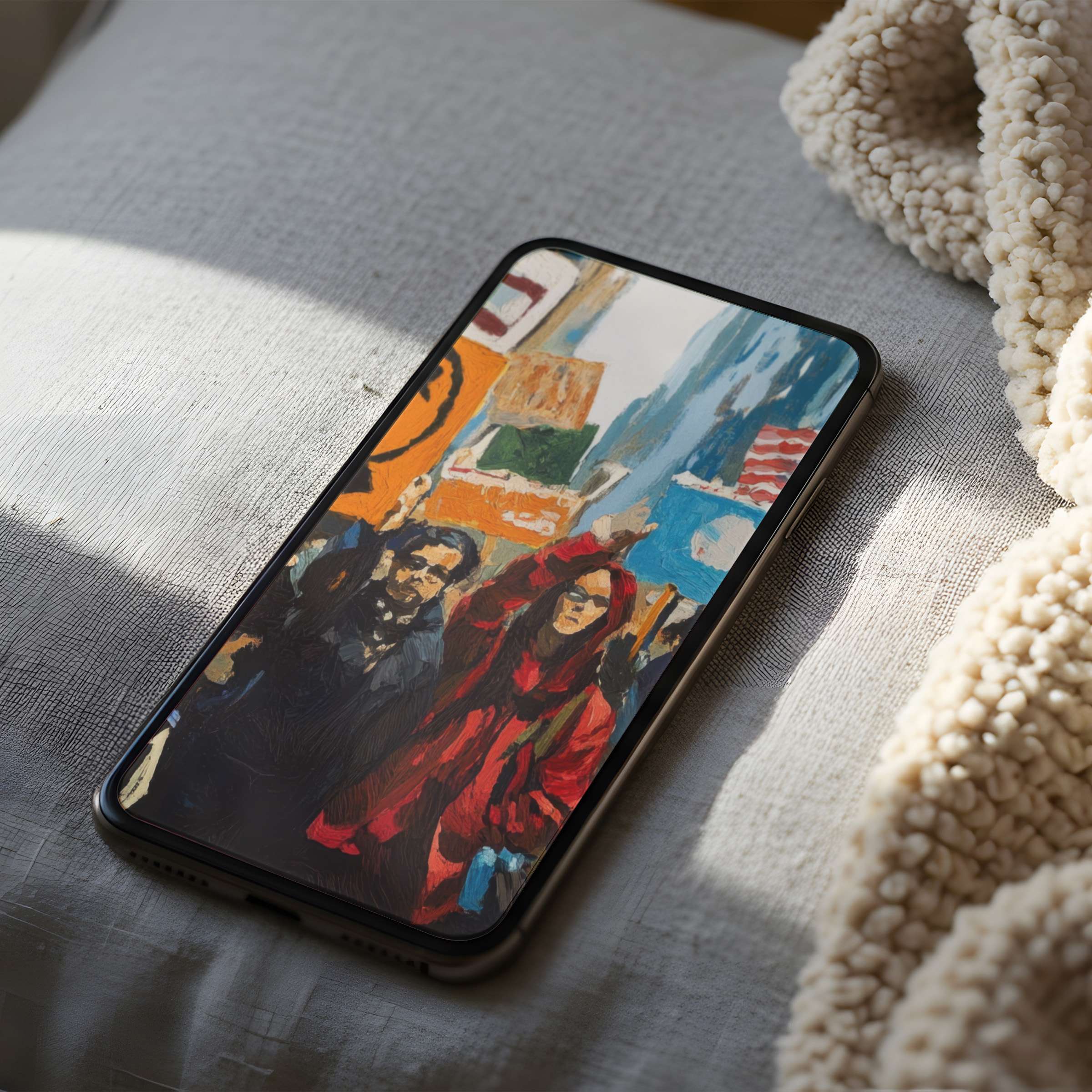 Elegant phone wallpaper in high resolution depicting vibrant abstract figures, perfect for your iPhone or Android digital download