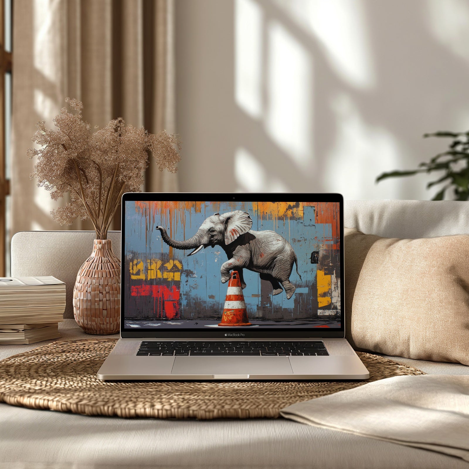Street art desktop wallpaper featuring a playful elephant balancing on a traffic cone against a colorful urban graffiti wall - a bold and creative artwork that brings energy, humor, and modern edge to your digital space