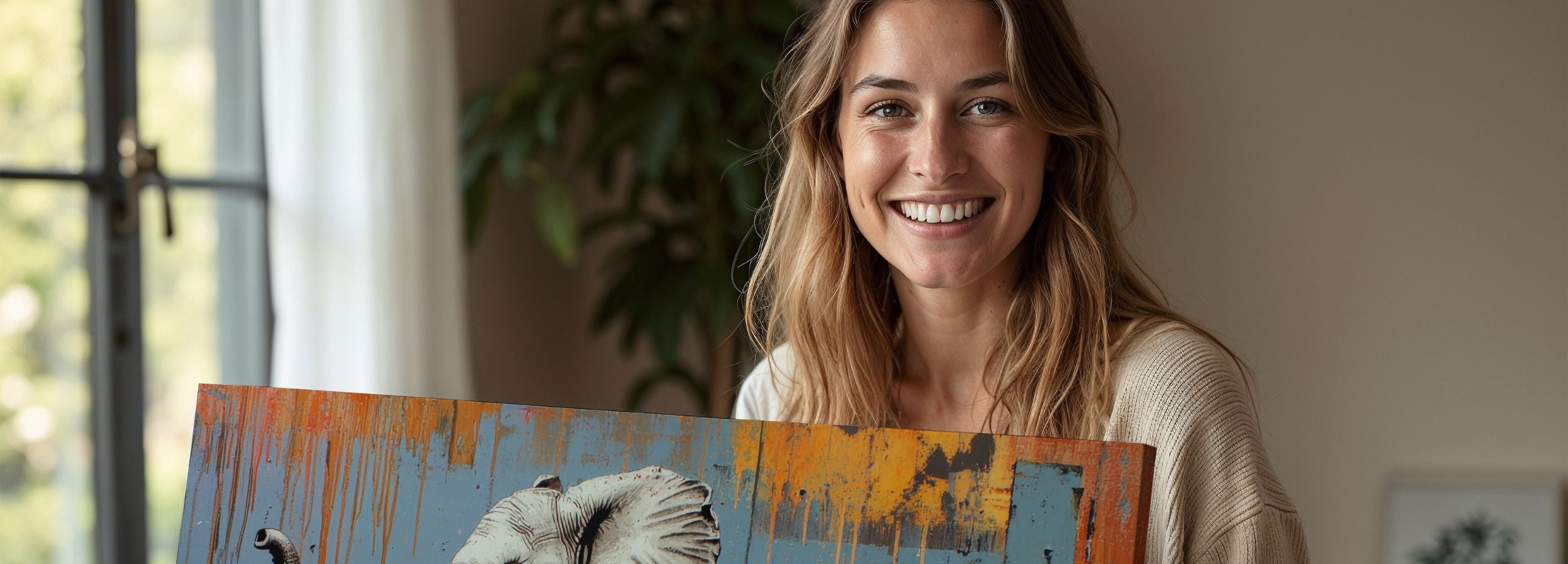 Street art printable wall art featuring a playful elephant illustration with urban textures and bold colors, perfect for adding creative energy to modern home decor