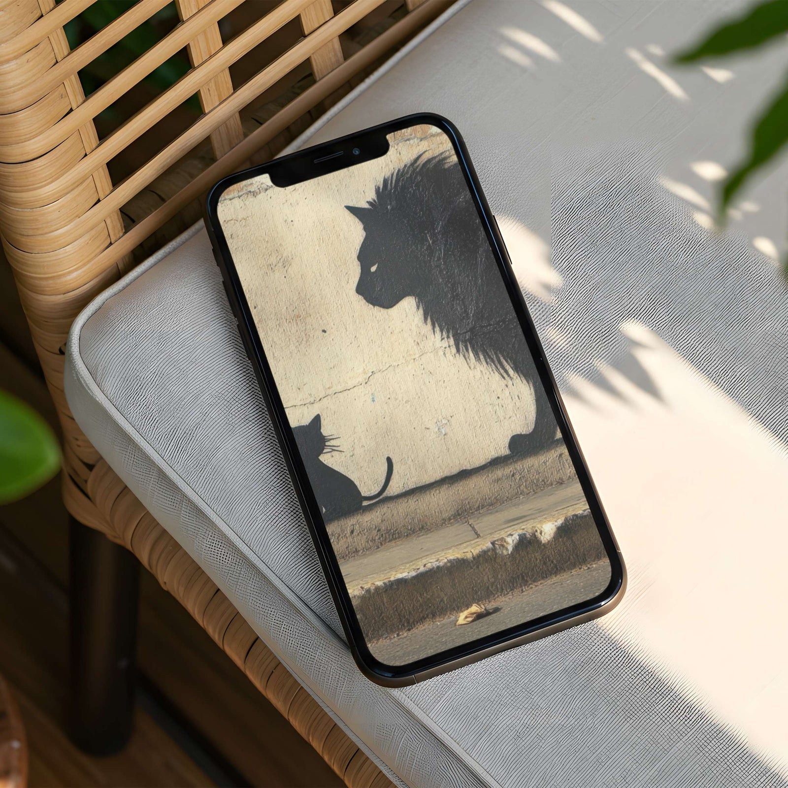 Street art phone wallpaper featuring a small cat and a lion silhouette reflected on a textured urban wall - a bold yet elegant background with artistic, modern style