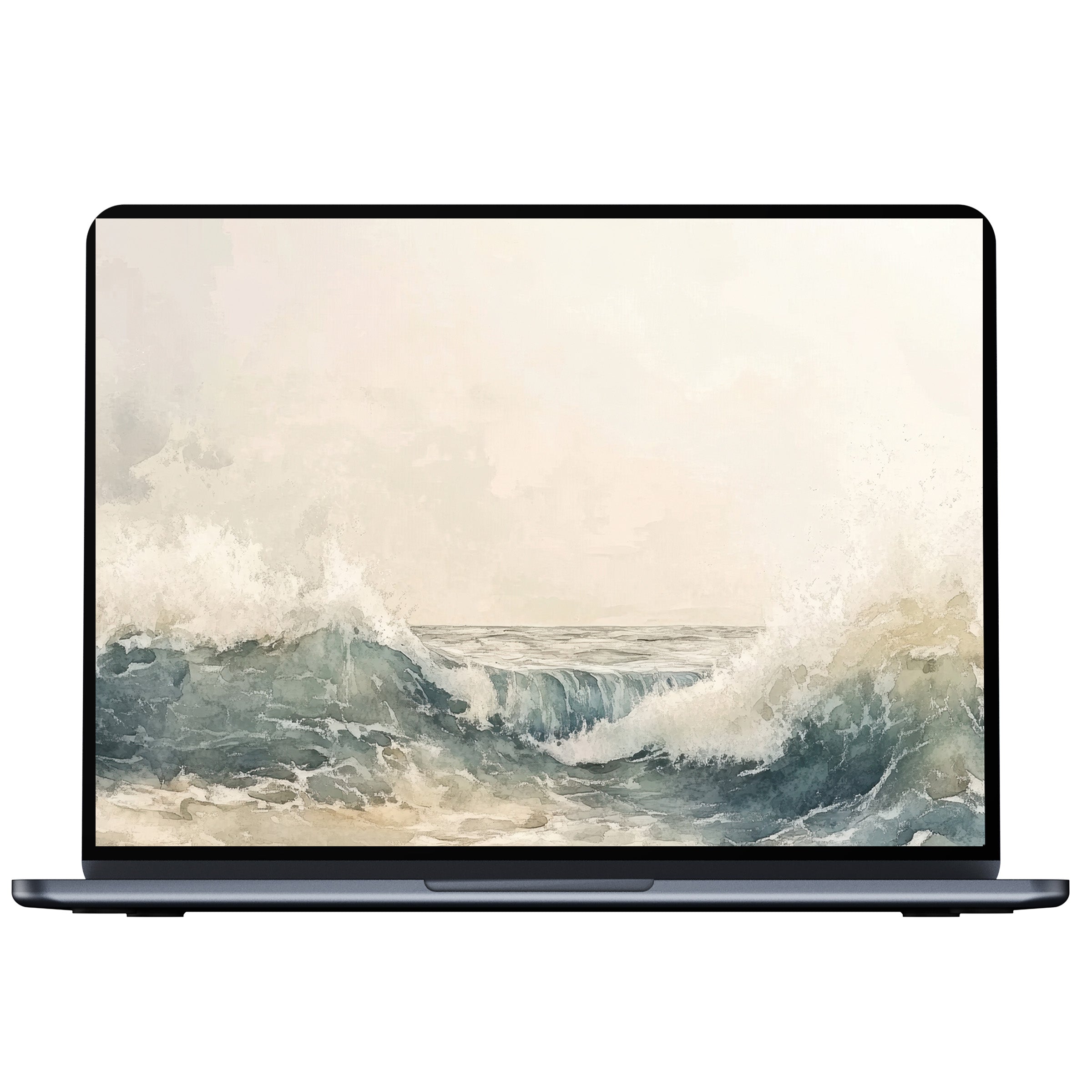 Elegant summer desktop wallpaper digital download featuring serene ocean waves in watercolor pastel tones for PC or laptop display