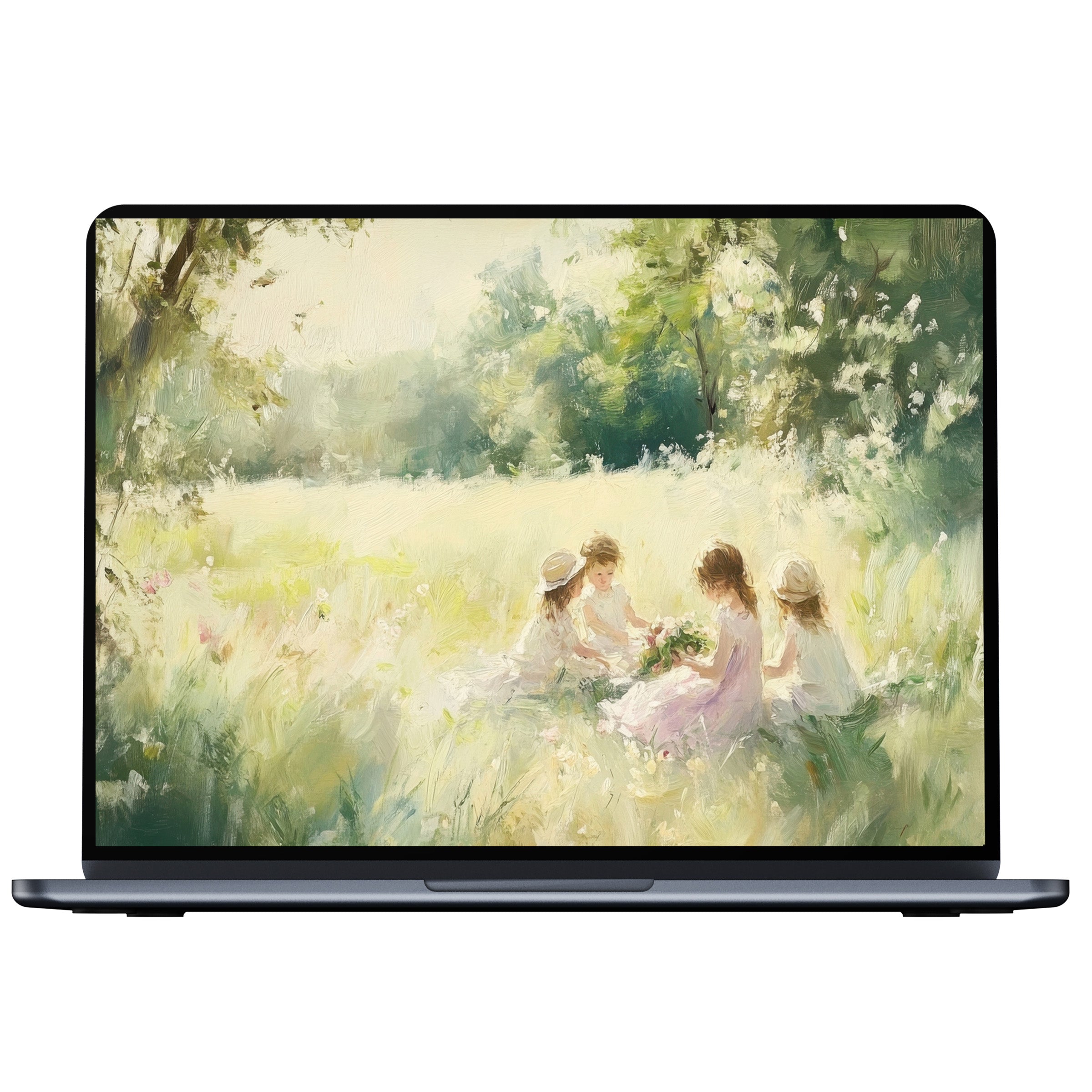 Elegant summer desktop wallpaper featuring serene pastel art of children in a meadow digital download for PC and laptop