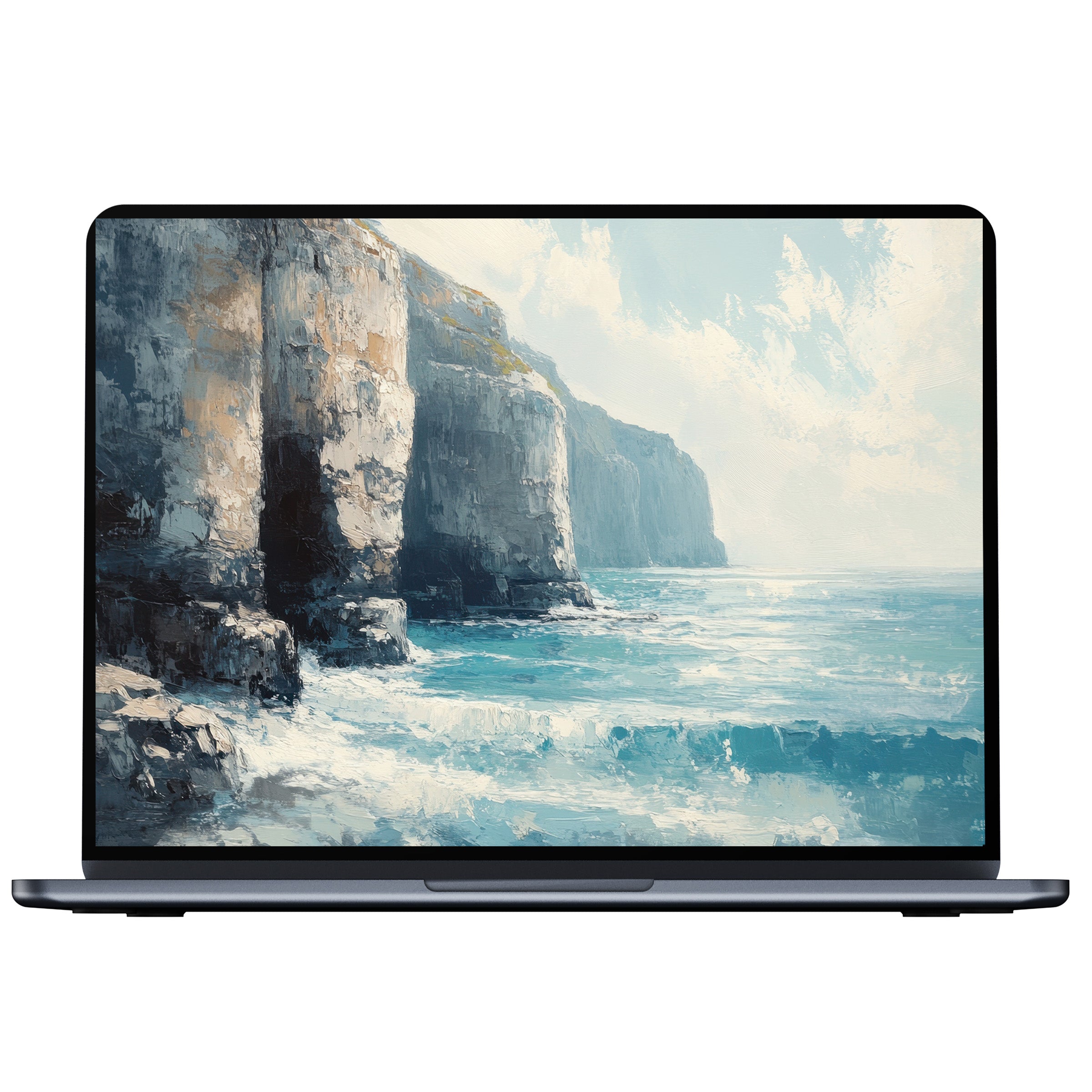 Summer desktop wallpaper featuring serene coastal cliffs and calming ocean waves; ideal digital download for PC or laptop users