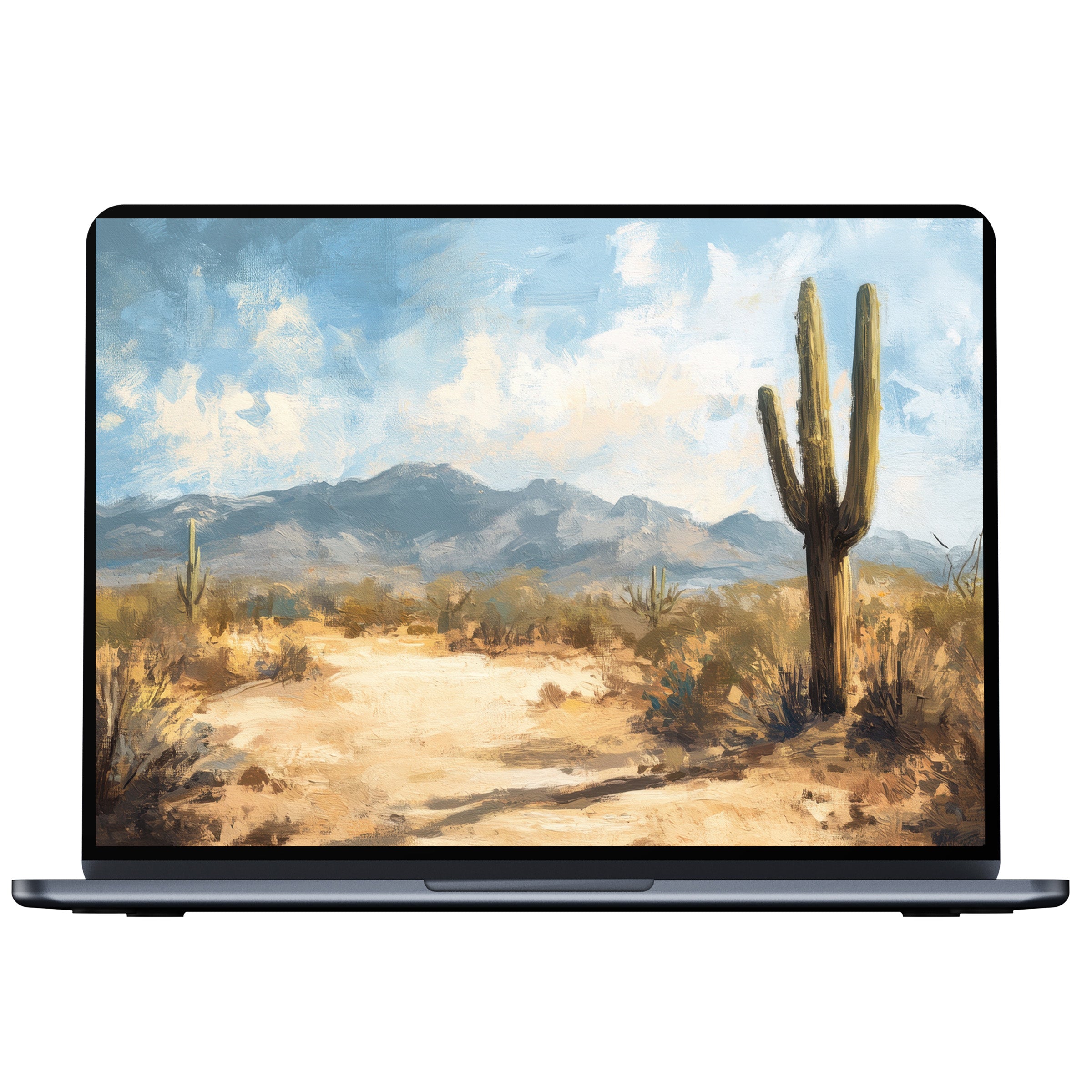 Summer desktop wallpaper digital download featuring serene desert scene with cacti and mountains fitting for PC and laptop users