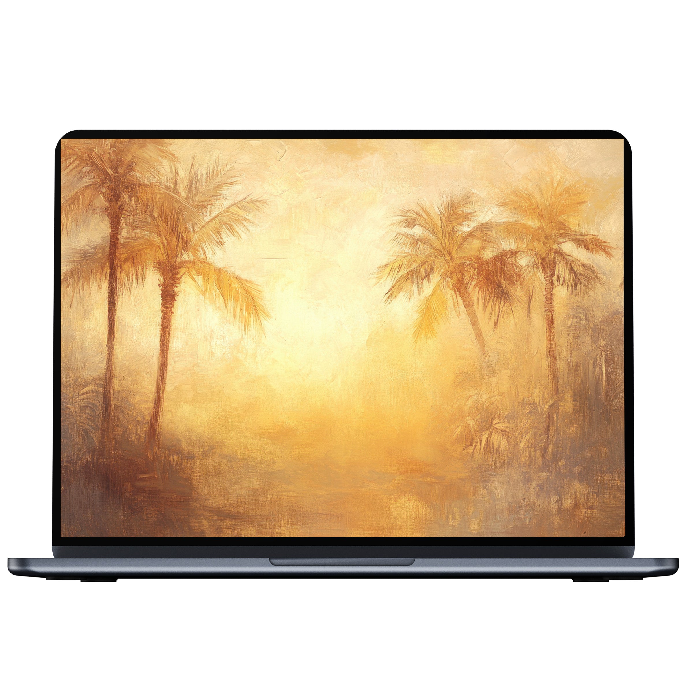 Serene summer desktop wallpaper digital download with golden palm trees in a dreamy haze perfect for PC or laptop display