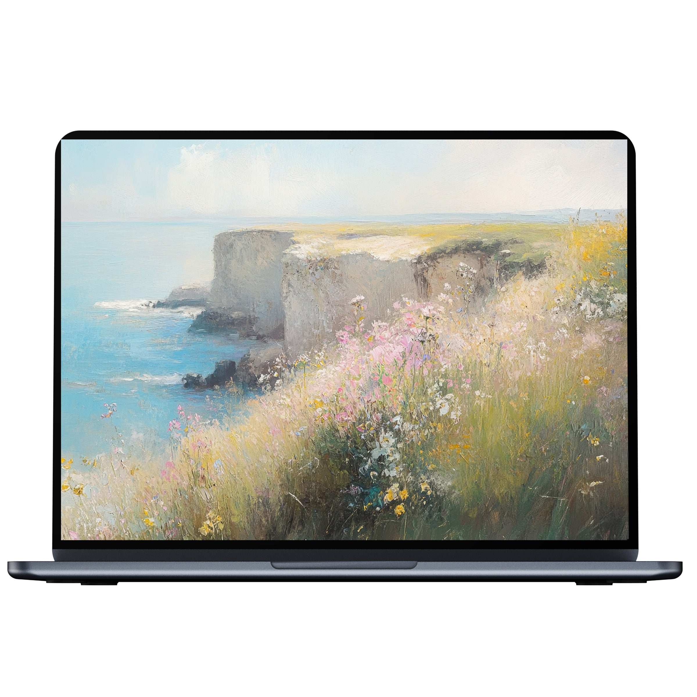 Summer desktop wallpaper with a serene cliffside and wildflowers, perfect digital download for PC, Mac, or laptop, inspiring calm elegance