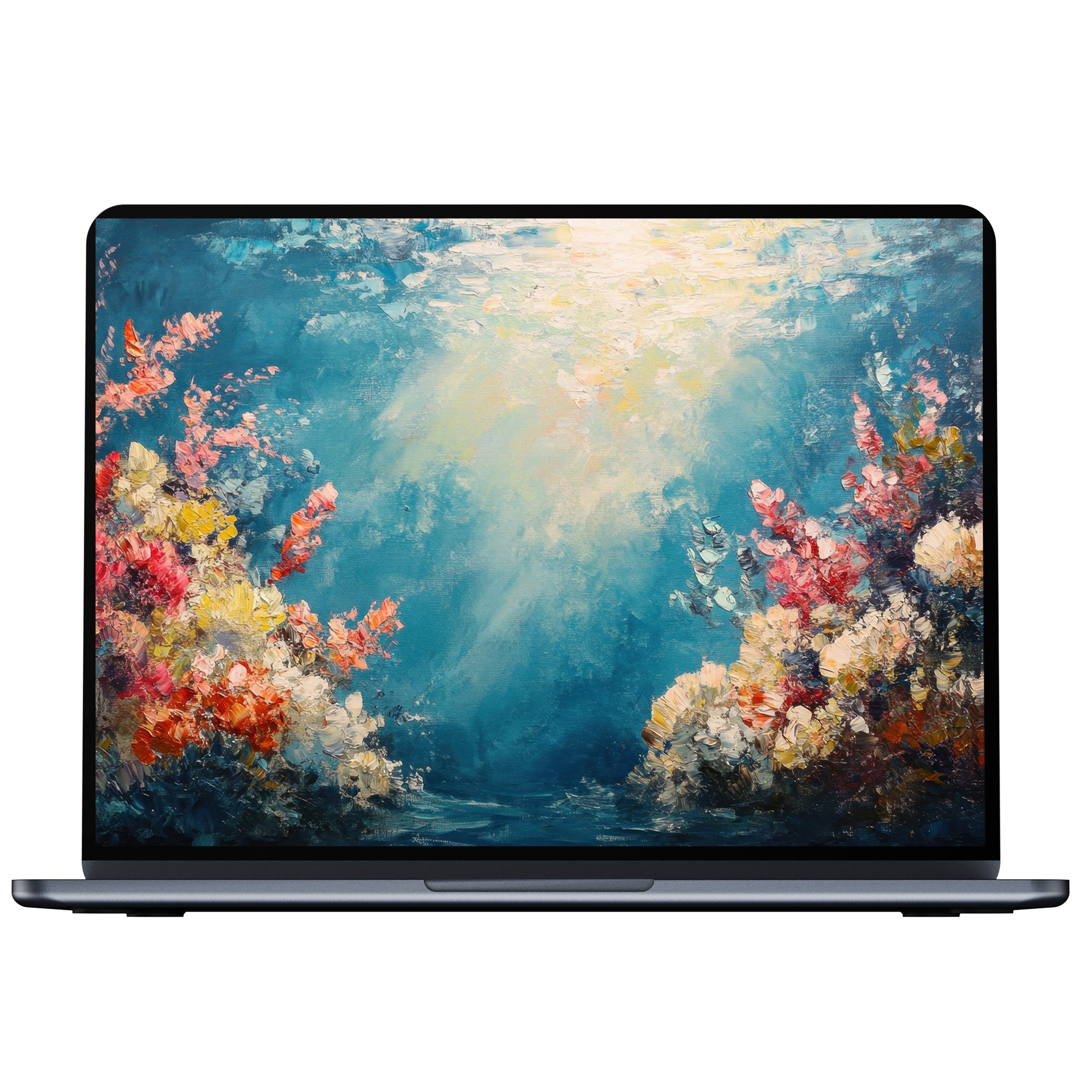 Vibrant summer desktop wallpaper with colorful underwater scene, digital download for PC and laptop inspiring tranquility and elegance