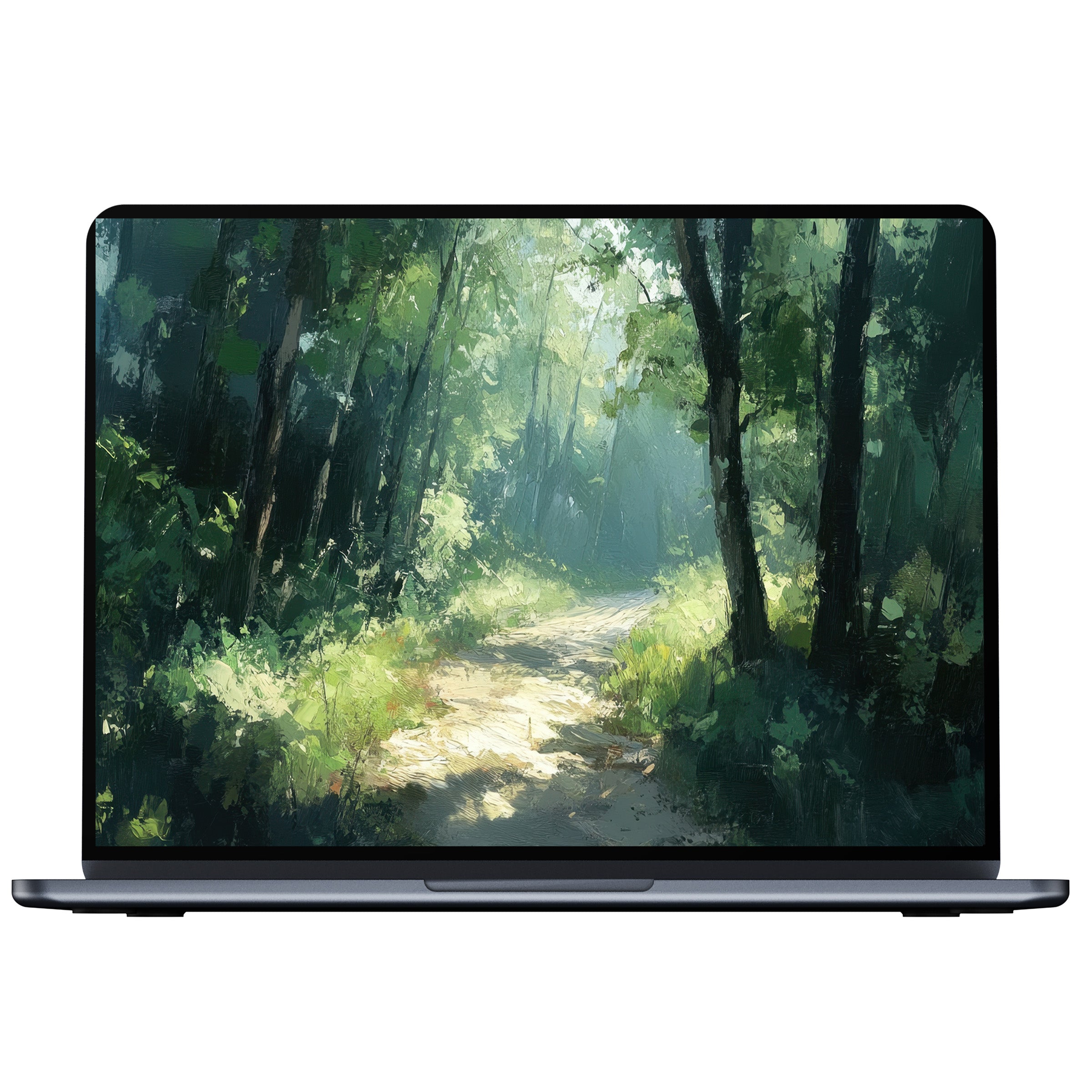 Summer desktop wallpaper digital download with serene forest path painting fits PC and laptop adding calm and inspiration