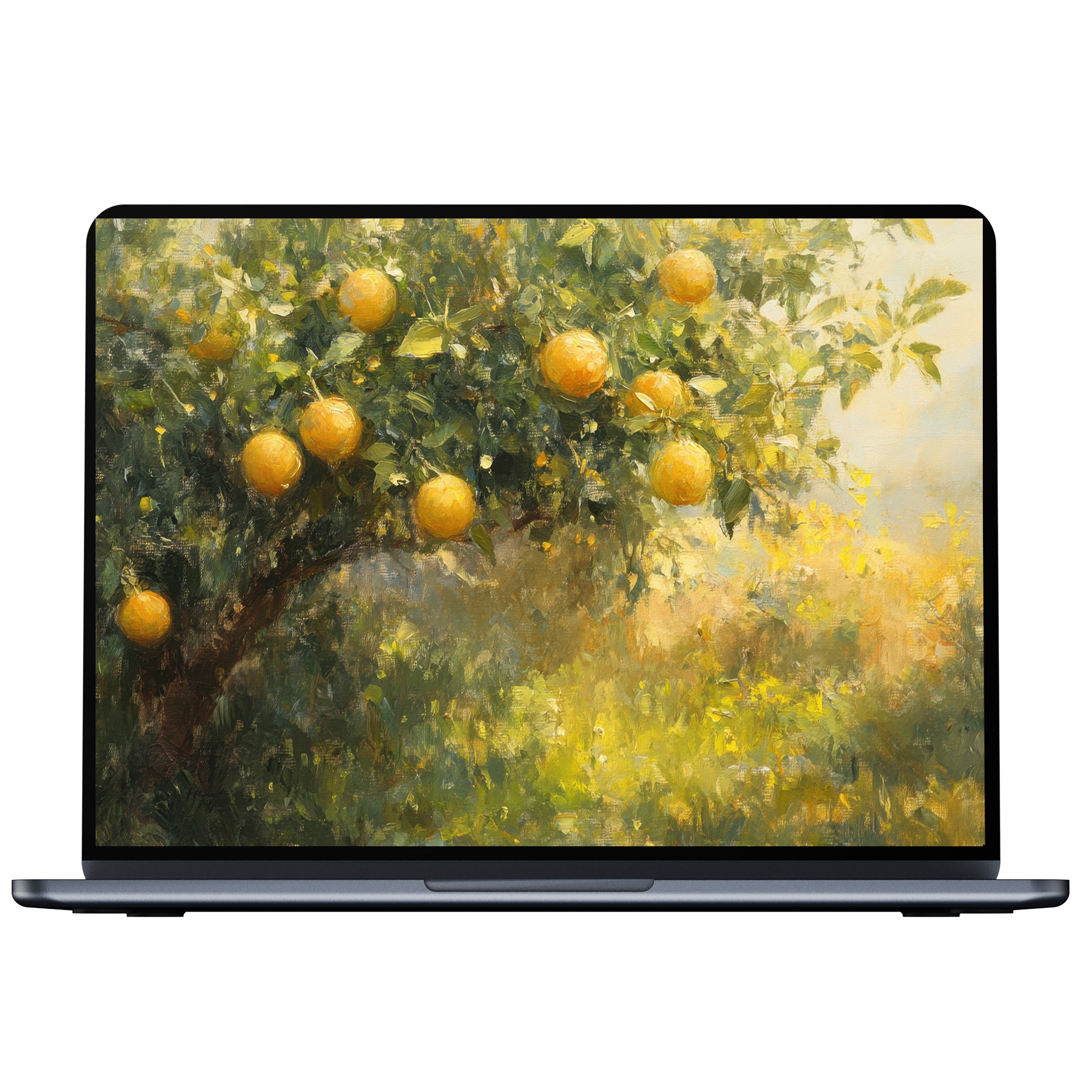 Summer desktop wallpaper with lush orange tree art digital download creates a serene vibe on PC, Laptop, or Mac