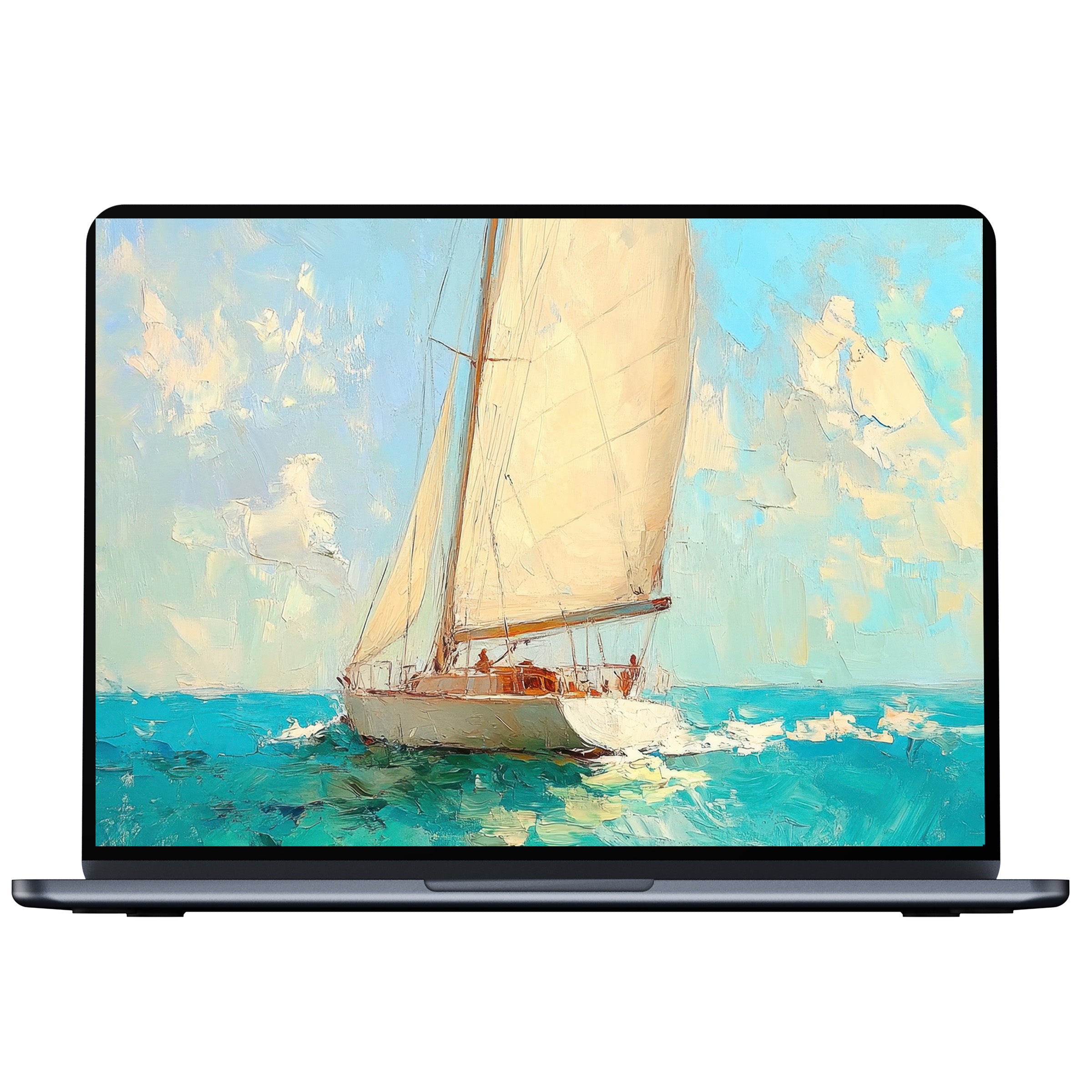 Inspirational summer desktop wallpaper digital download featuring a serene sailboat painting in vibrant blues and creams for PC or laptop