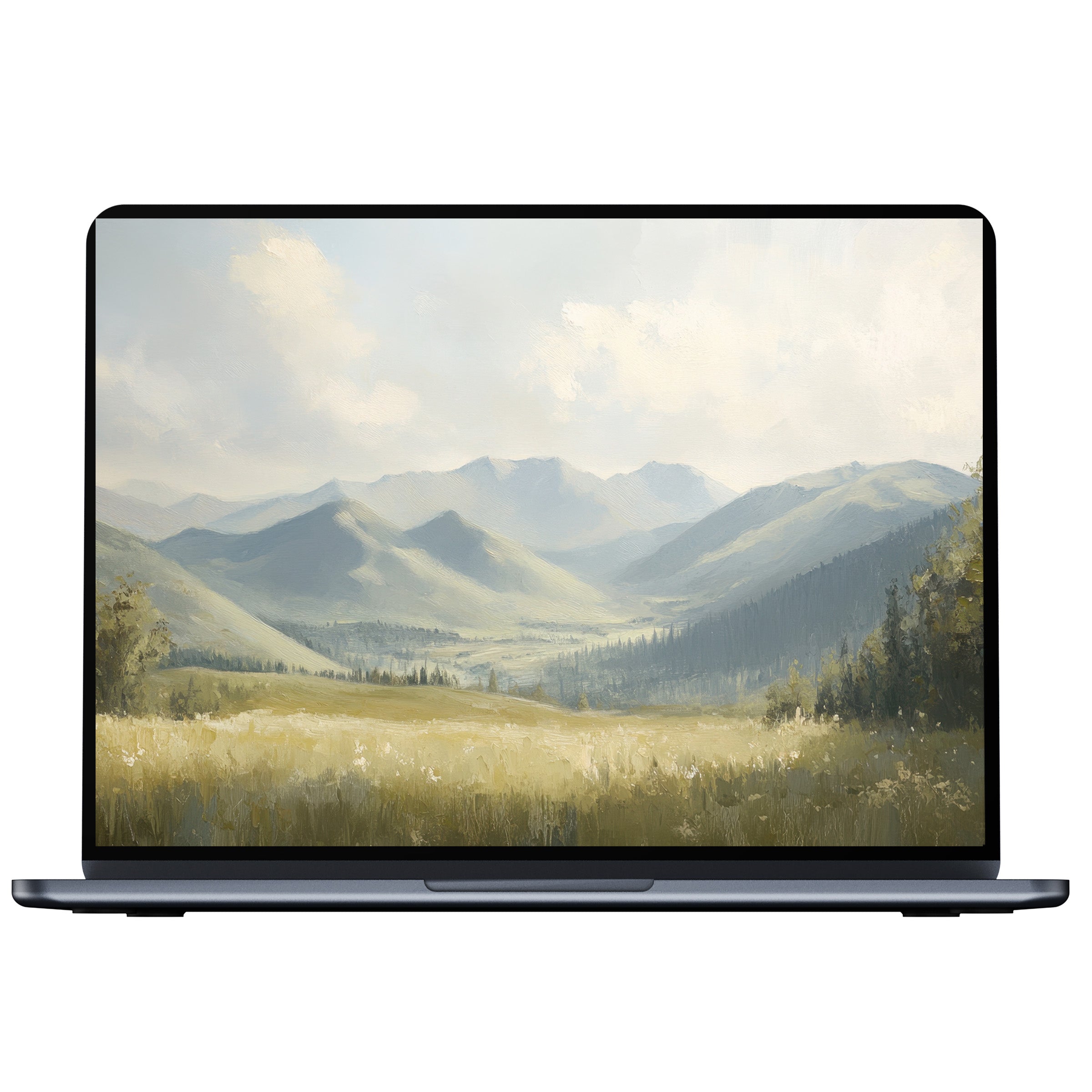Elegant summer desktop wallpaper digital download featuring serene green mountains under soft clouds, perfect for PC or laptop screens
