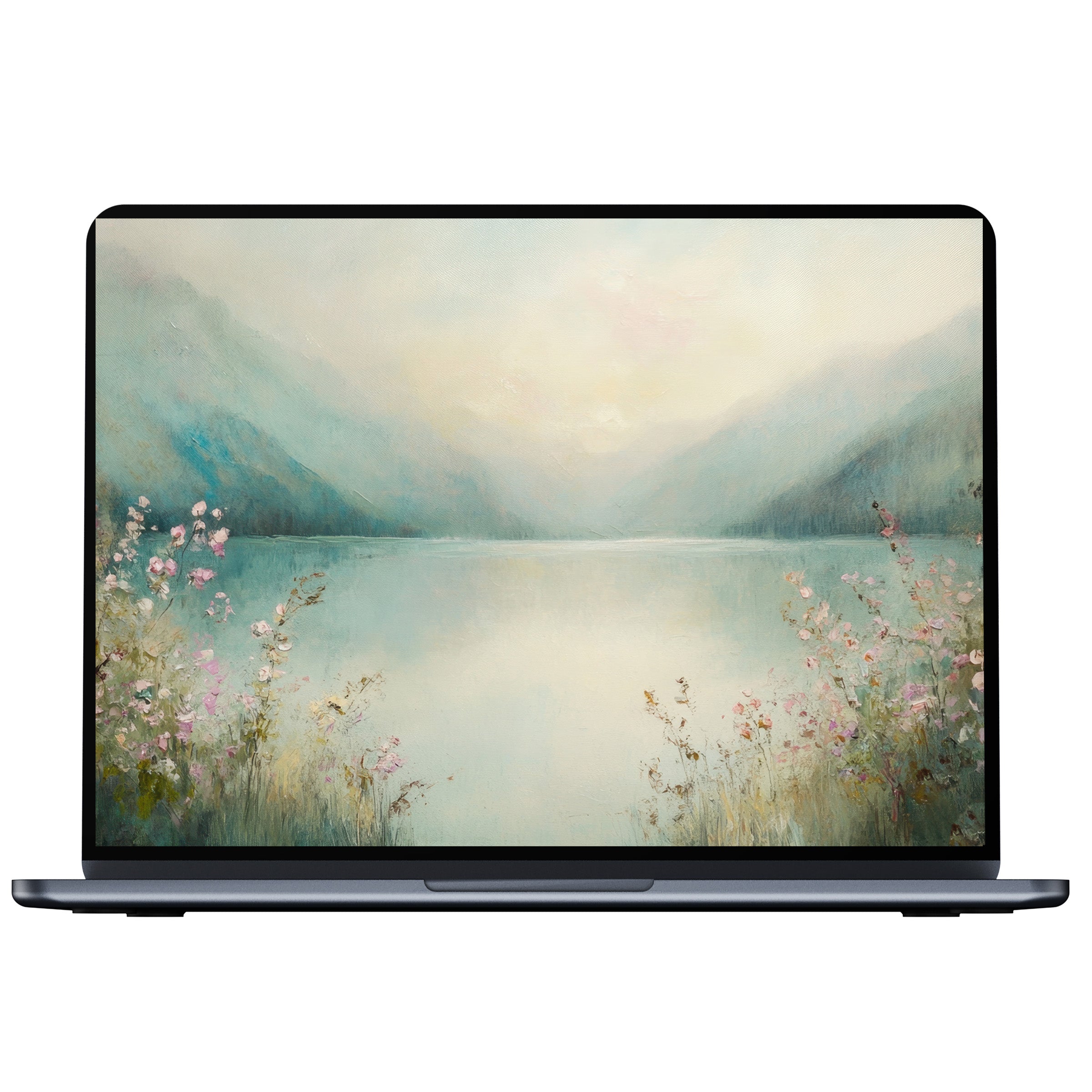 Dreamy summer desktop wallpaper with serene lake painting, soft pastel hues, perfect digital download for PC and laptop backgrounds