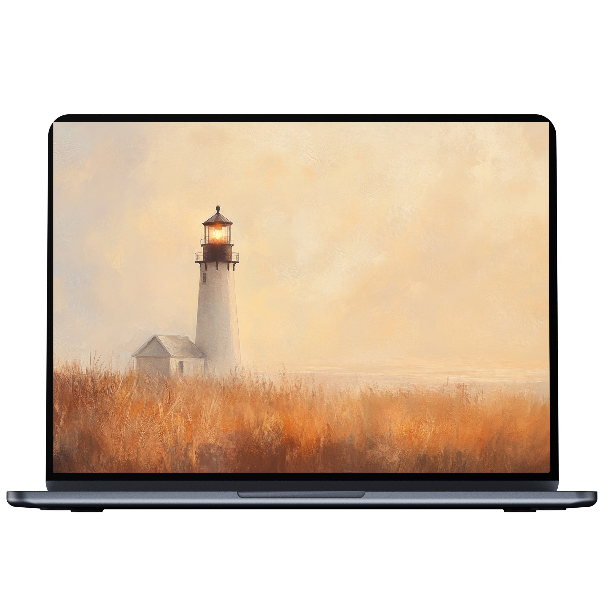 Summer desktop wallpaper featuring a serene lighthouse in a golden field for PC and laptop digital download ambiance