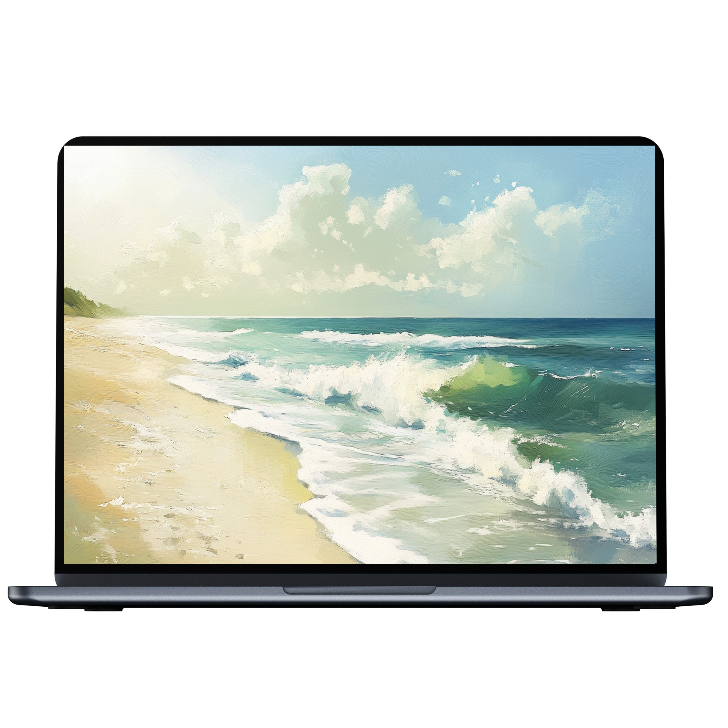 Elegant summer desktop wallpaper for PC or laptop features a serene beach scene in calming pastels digital download included