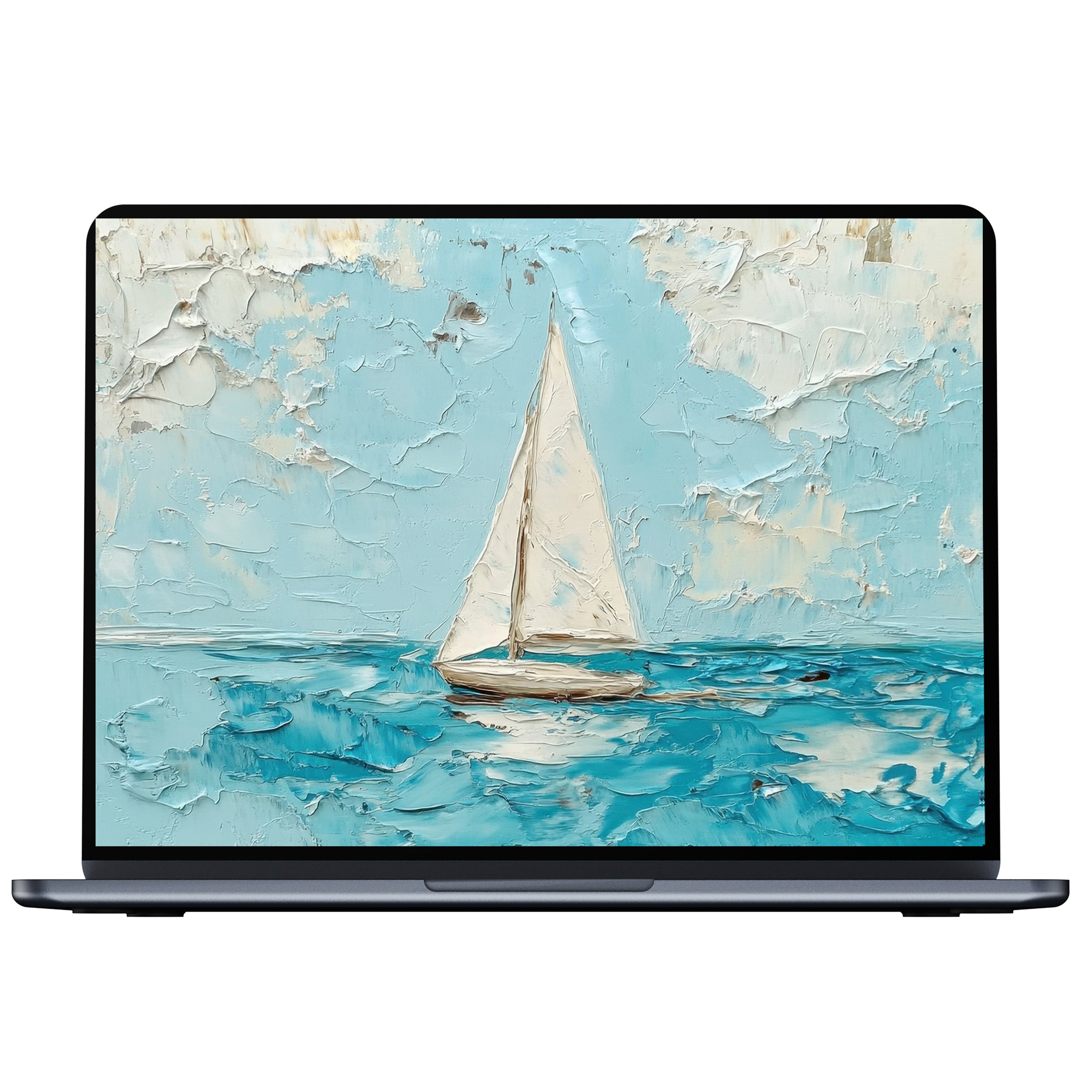 Elegant summer desktop wallpaper with textured sailboat art in serene blues for PC and laptop digital downloads