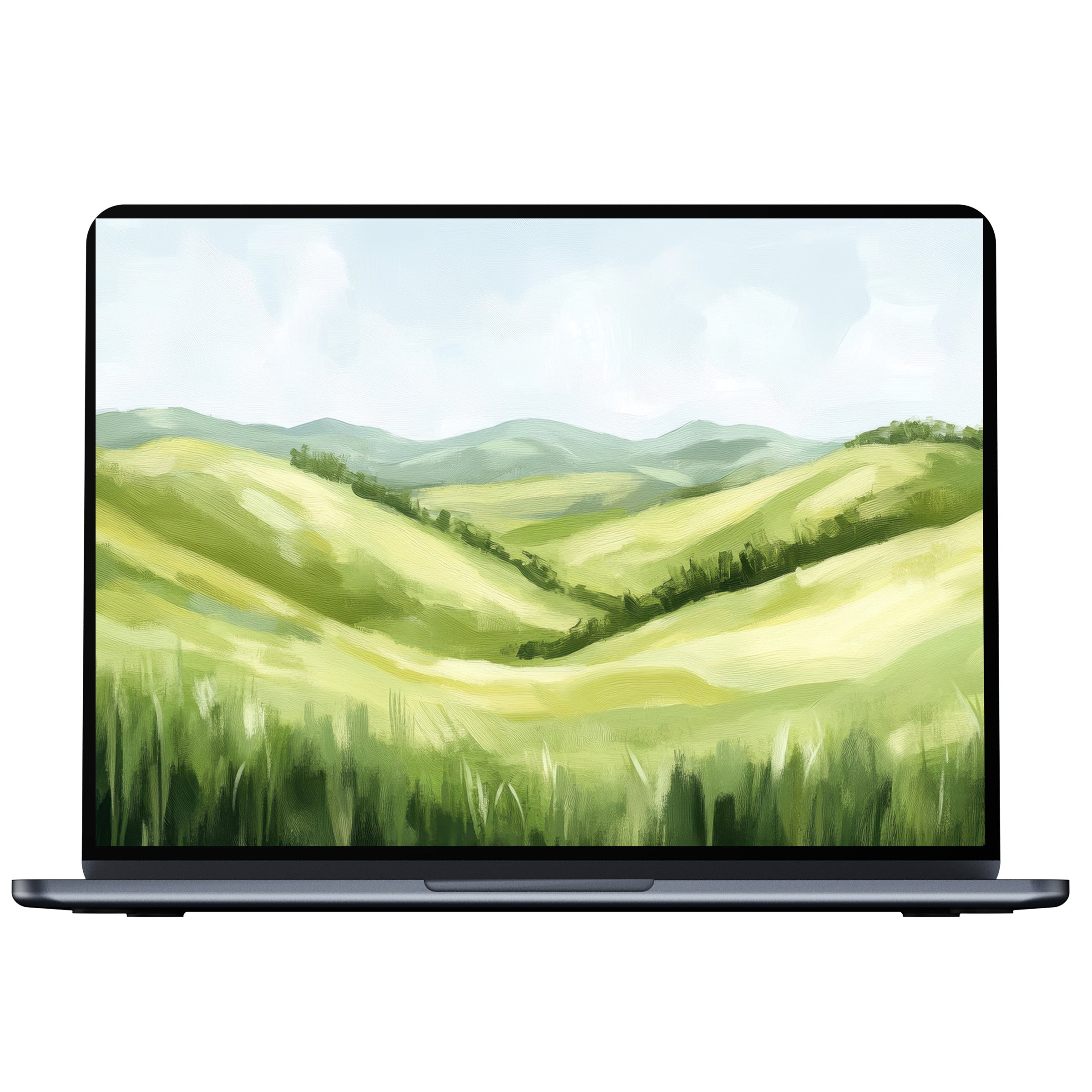 Elegant summer desktop wallpaper digital download featuring serene, green hills for PC or laptop inspiring calm and mindfulness
