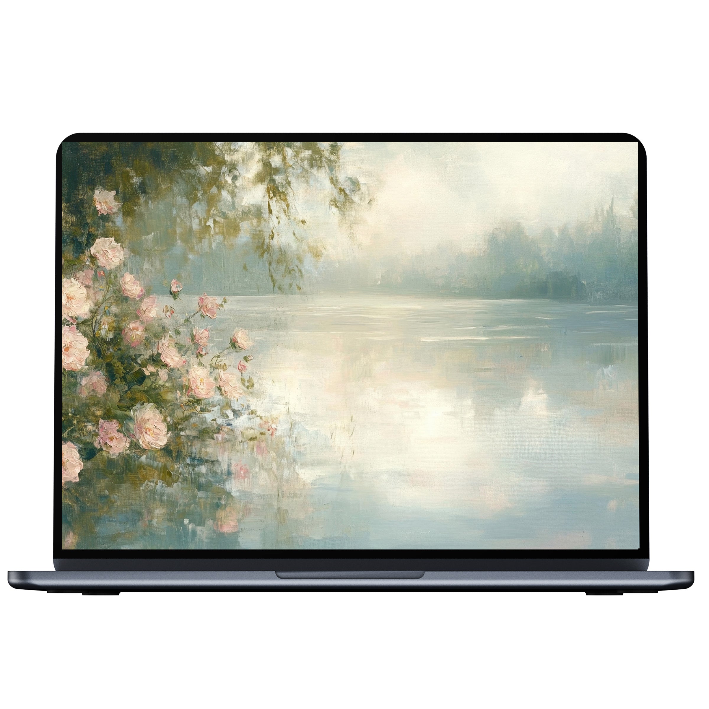 Summer desktop wallpaper digital download featuring serene lakeside view with soft pastel florals, ideal for PC, laptop, Mac users seeking elegance