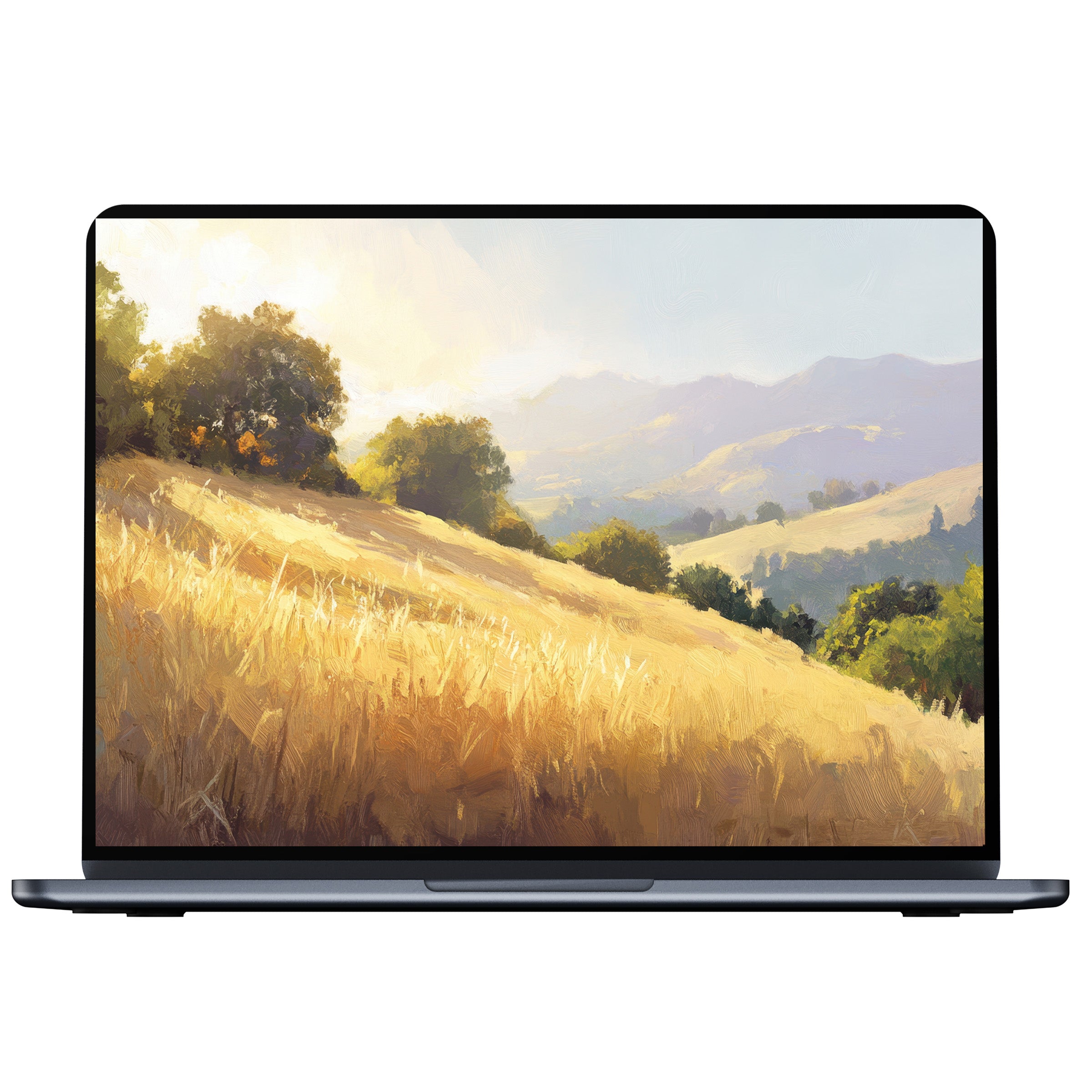 Summer desktop wallpaper digital download with golden fields and soft hills for PC and laptop enhancing serene elegance and inspiration