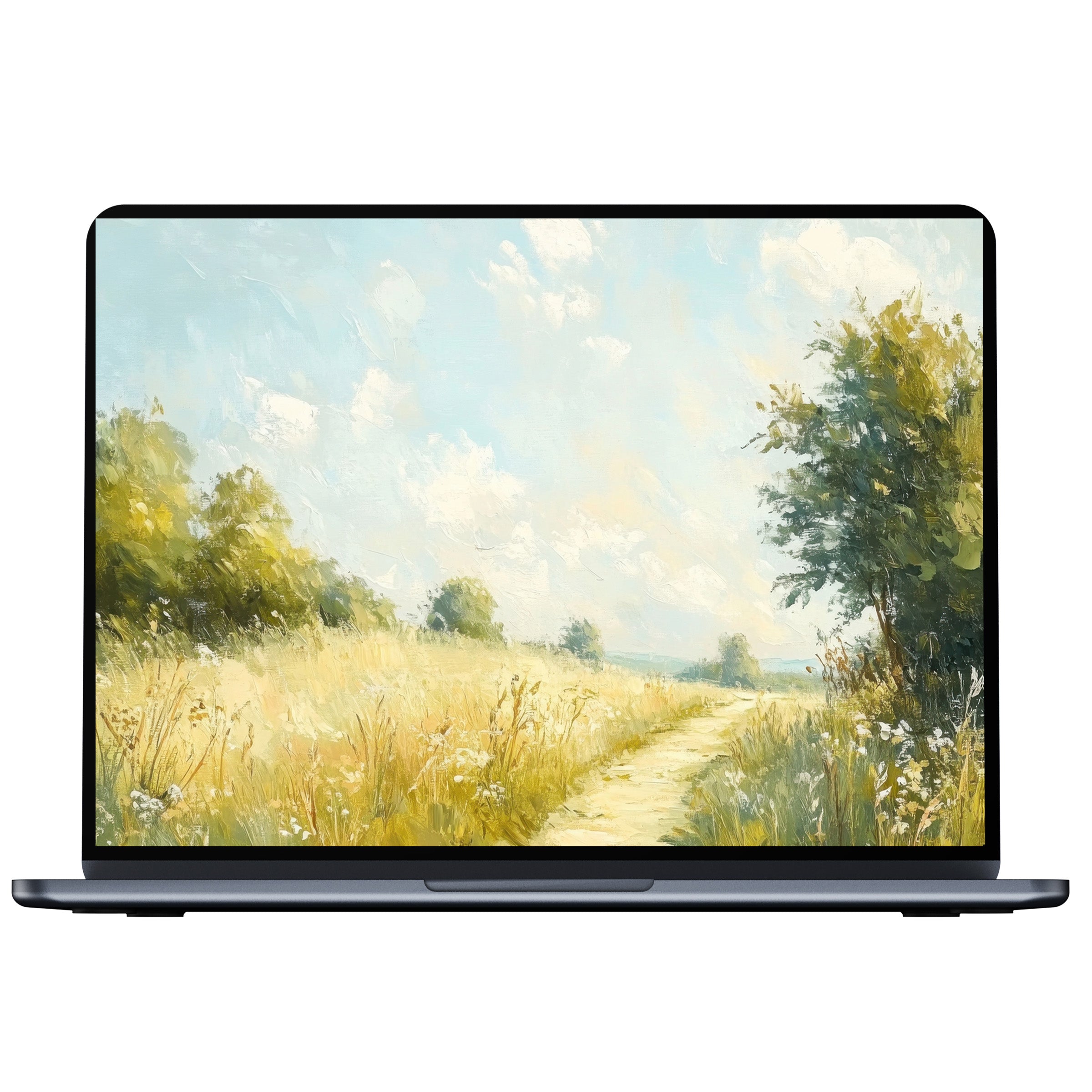 Summer desktop wallpaper featuring a serene, sunlit landscape painting with lush greens and soft blues, perfect for PC, laptop digital download