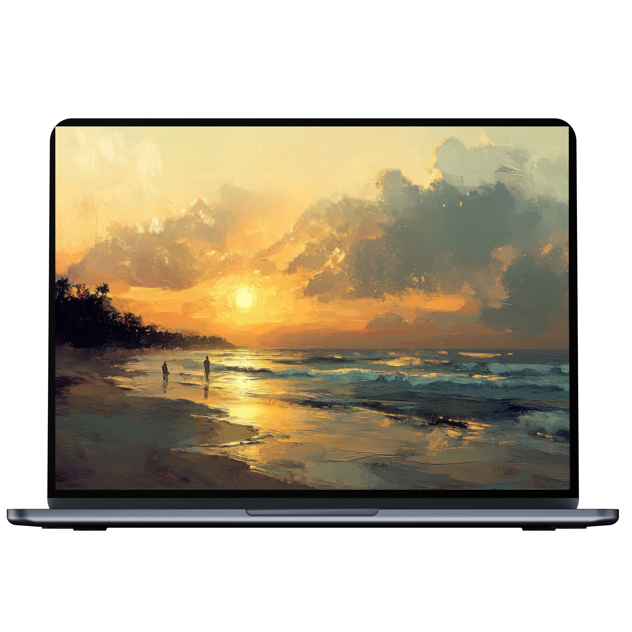 Elegant summer desktop wallpaper digital download, featuring a serene sunset beach painting, perfect for PC or laptop to inspire calmness