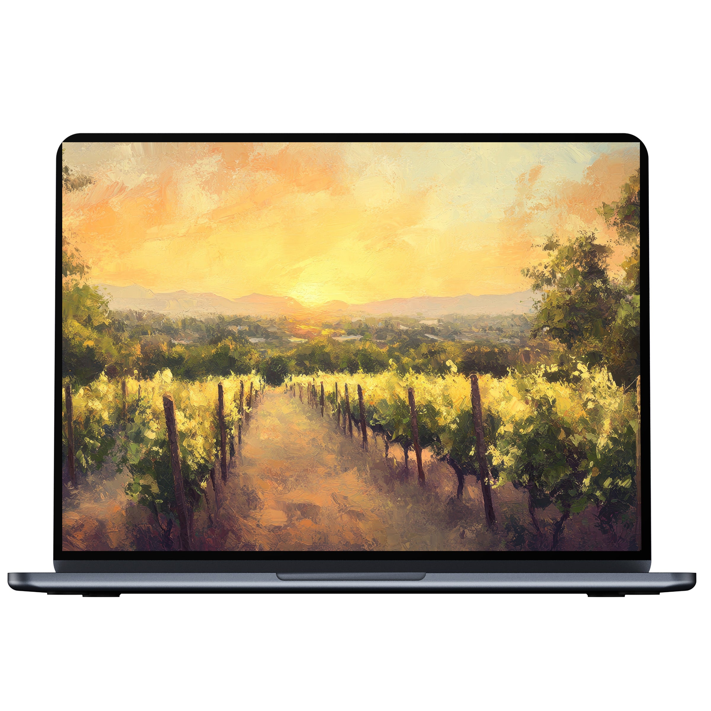 Summer desktop wallpaper digital download with vibrant vineyard sunset painting for pc and laptop offers elegance and inspiration
