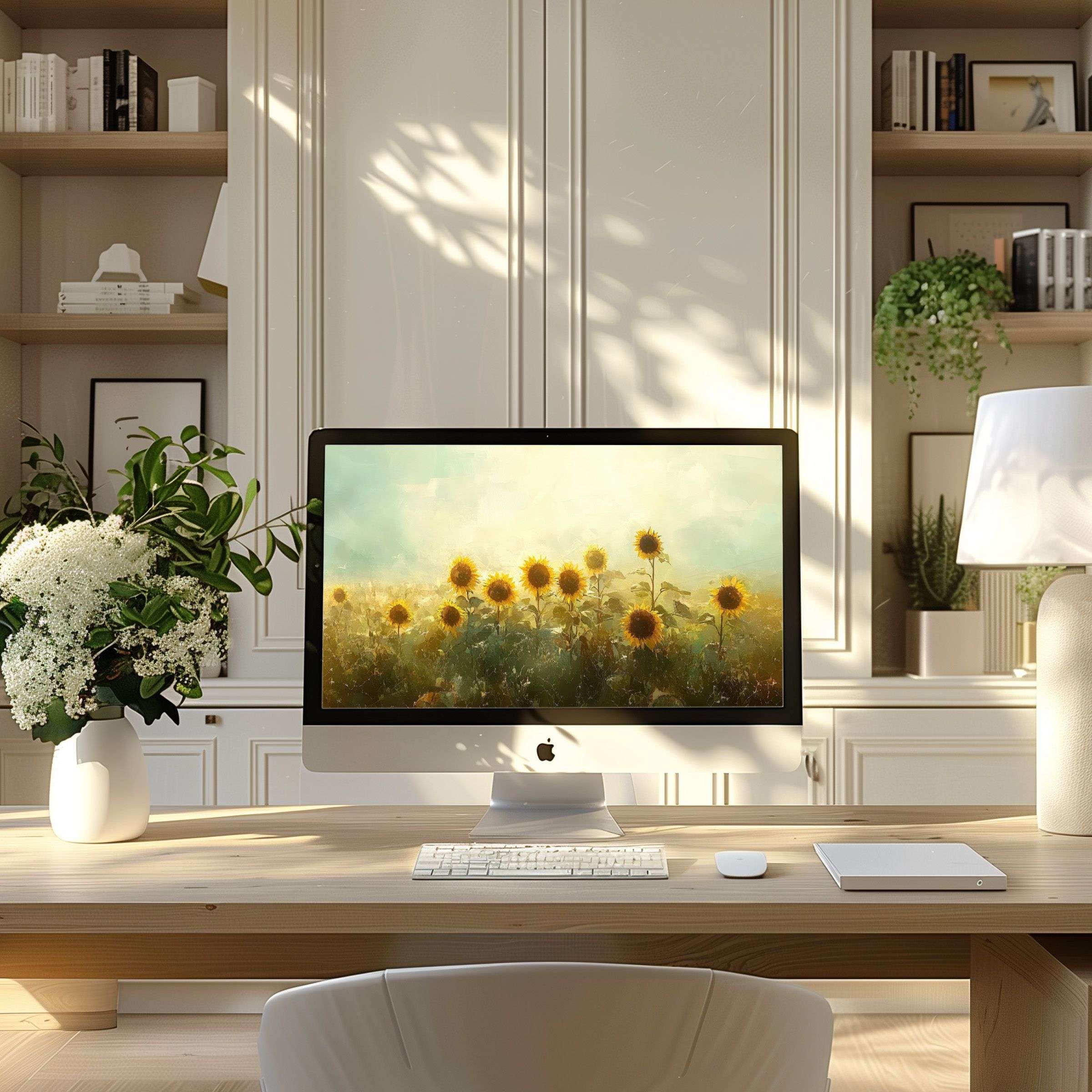 iMac on wooden desk in cozy home office displaying a summer wallpaper for Mac featuring a bright sunflower field under warm golden sunlight, radiating seasonal joy and energy