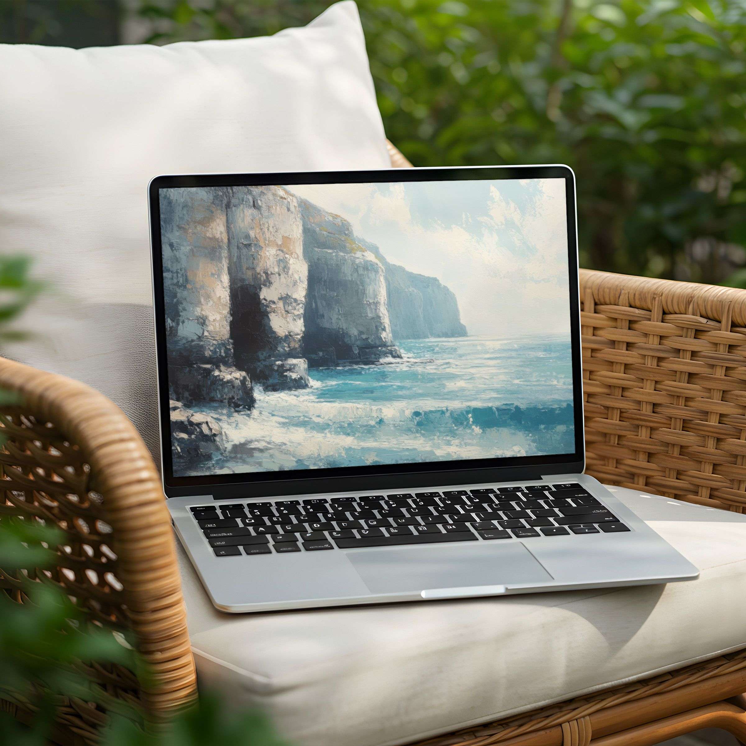 Elegant coastal desktop background for PC or Laptop instant download offers calm inspiration with soft blue and earthy tones