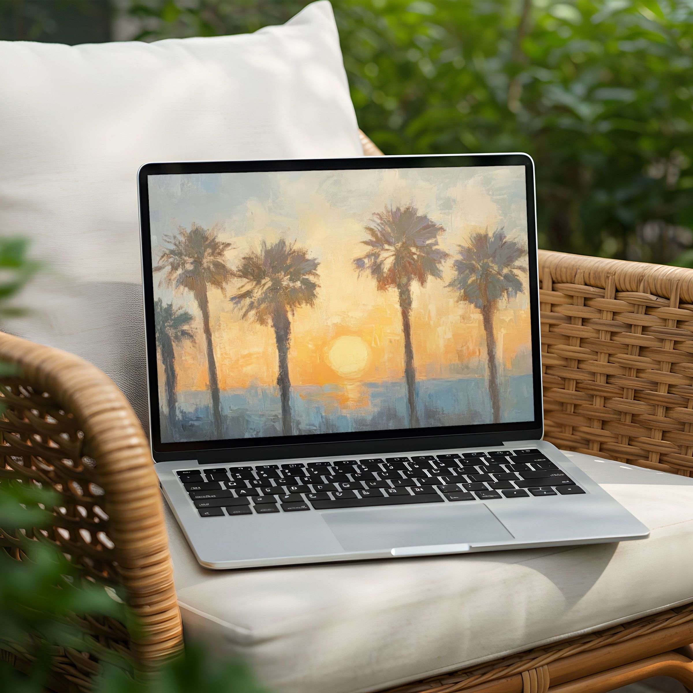 Sunset palm trees in impressionist style on PC or Laptop desktop background offer instant download for calm inspiration