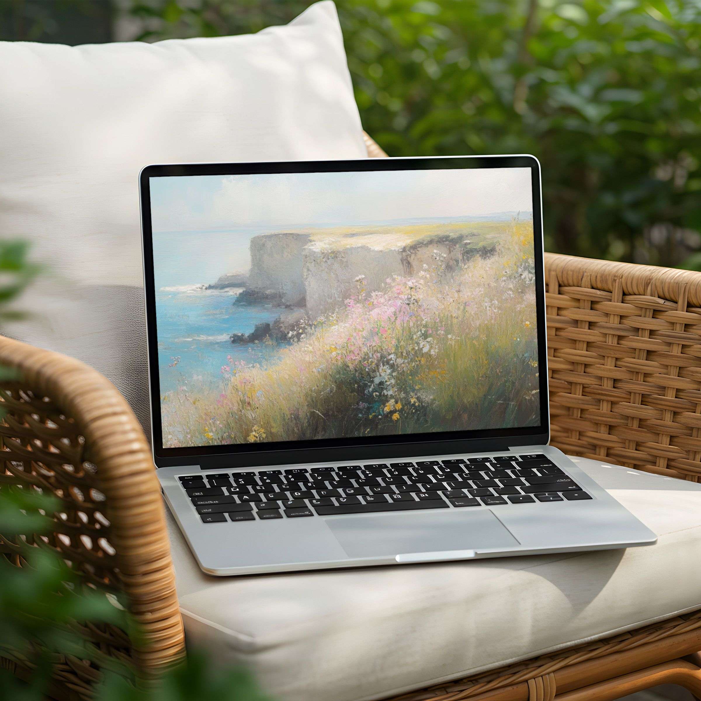 Serene coastal landscape desktop background for PC and Laptop instant download evokes calm and inspiration with soft hues