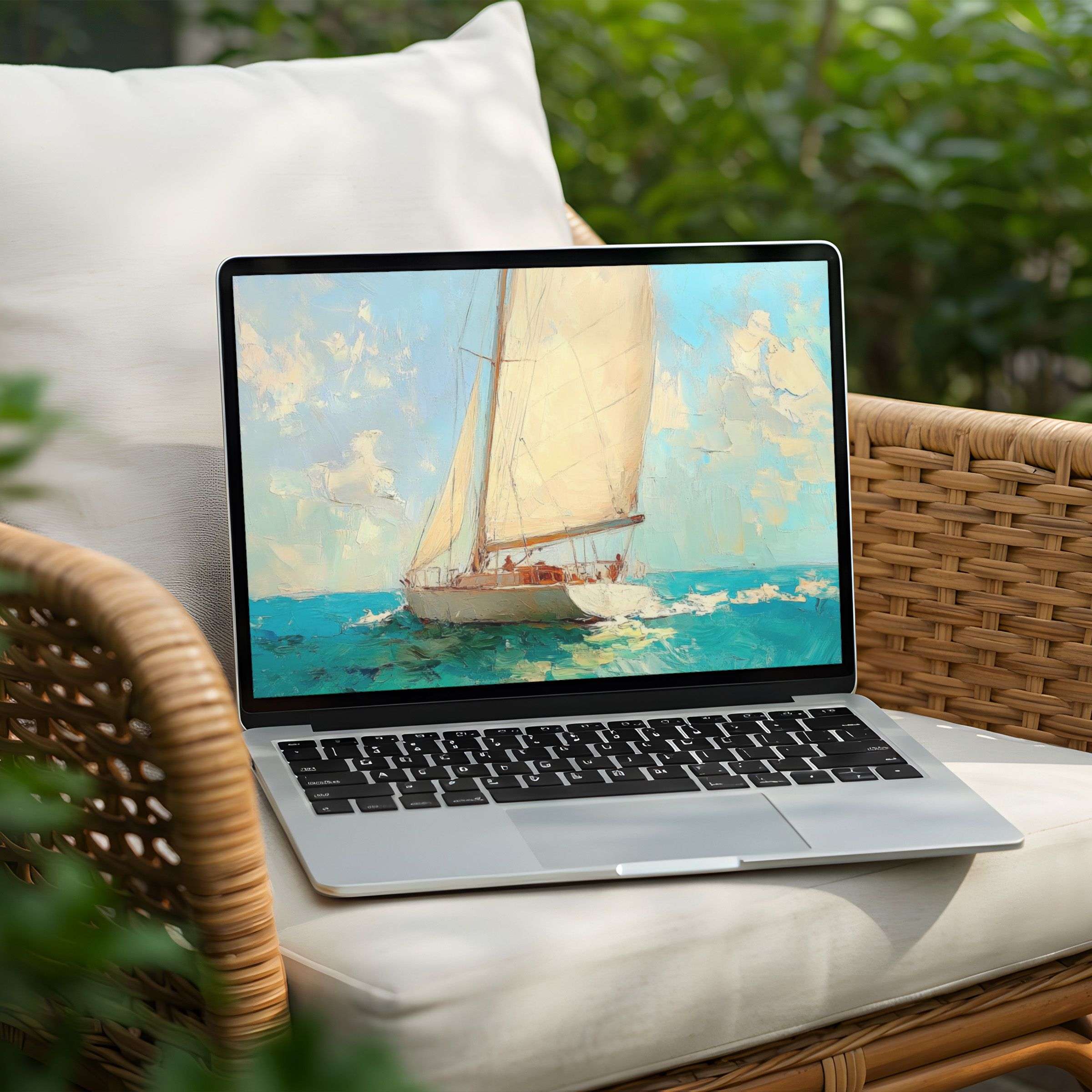 Elegant sailing yacht painting for desktop background on a Laptop or PC instant download evokes calm and inspiration