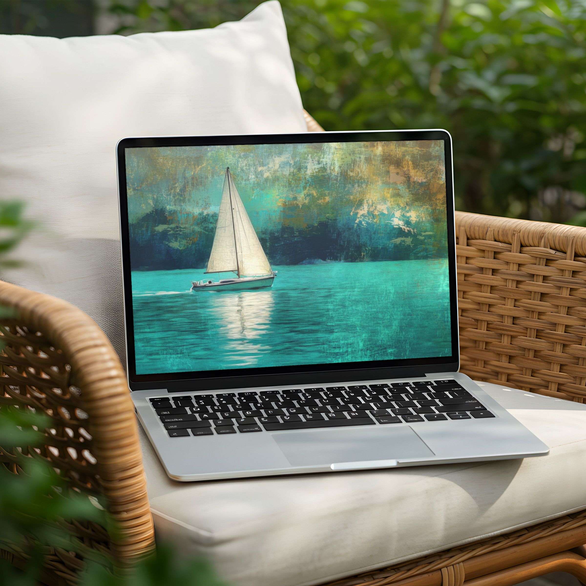 Sailboat digital art desktop background for PC or Laptop, offering instant download to inspire calm and elegant mindfulness