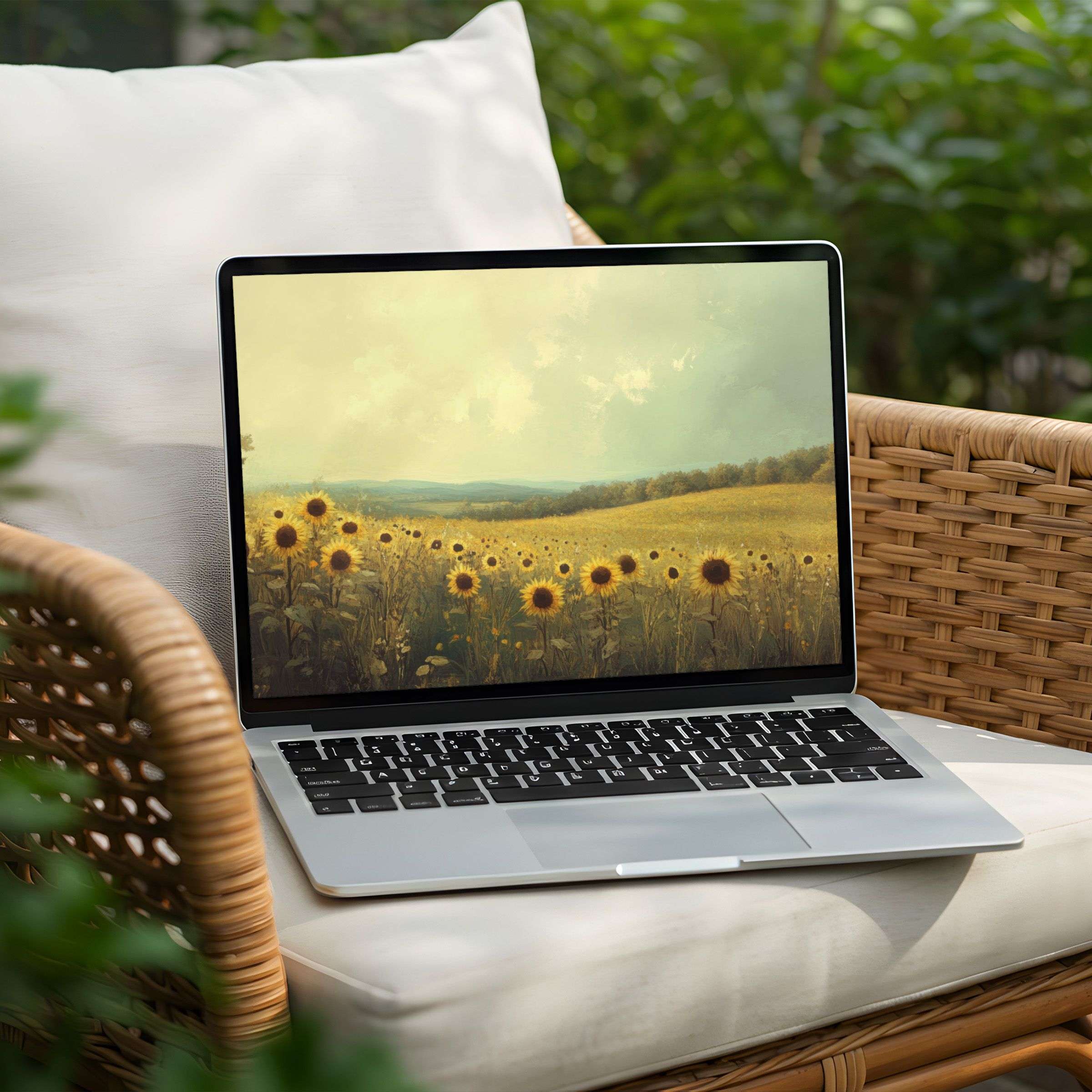 Sunlit sunflower field desktop background for instant download on PC and Laptop inspiring calm and elegant mindfulness