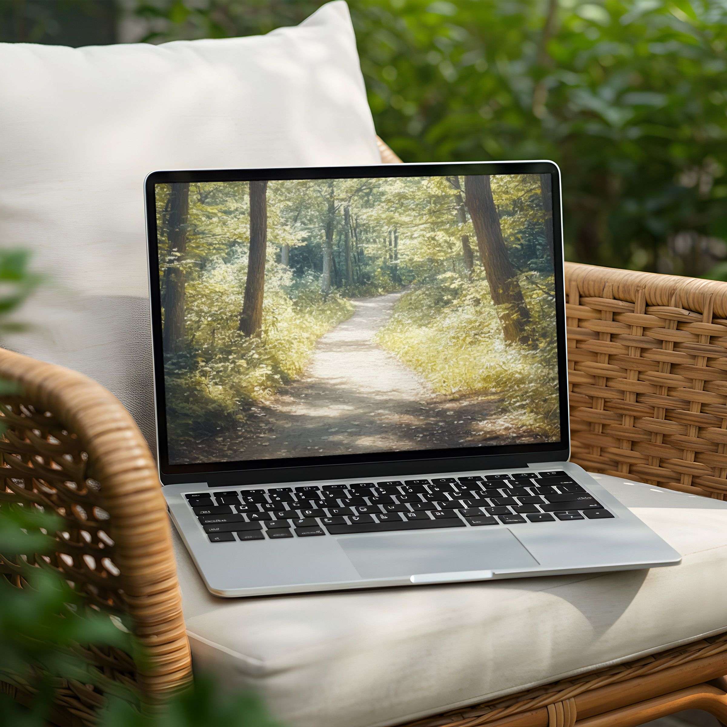 Peaceful woodland path on a PC desktop background inspires calm and mindfulness Instant download for your Laptop design elegance