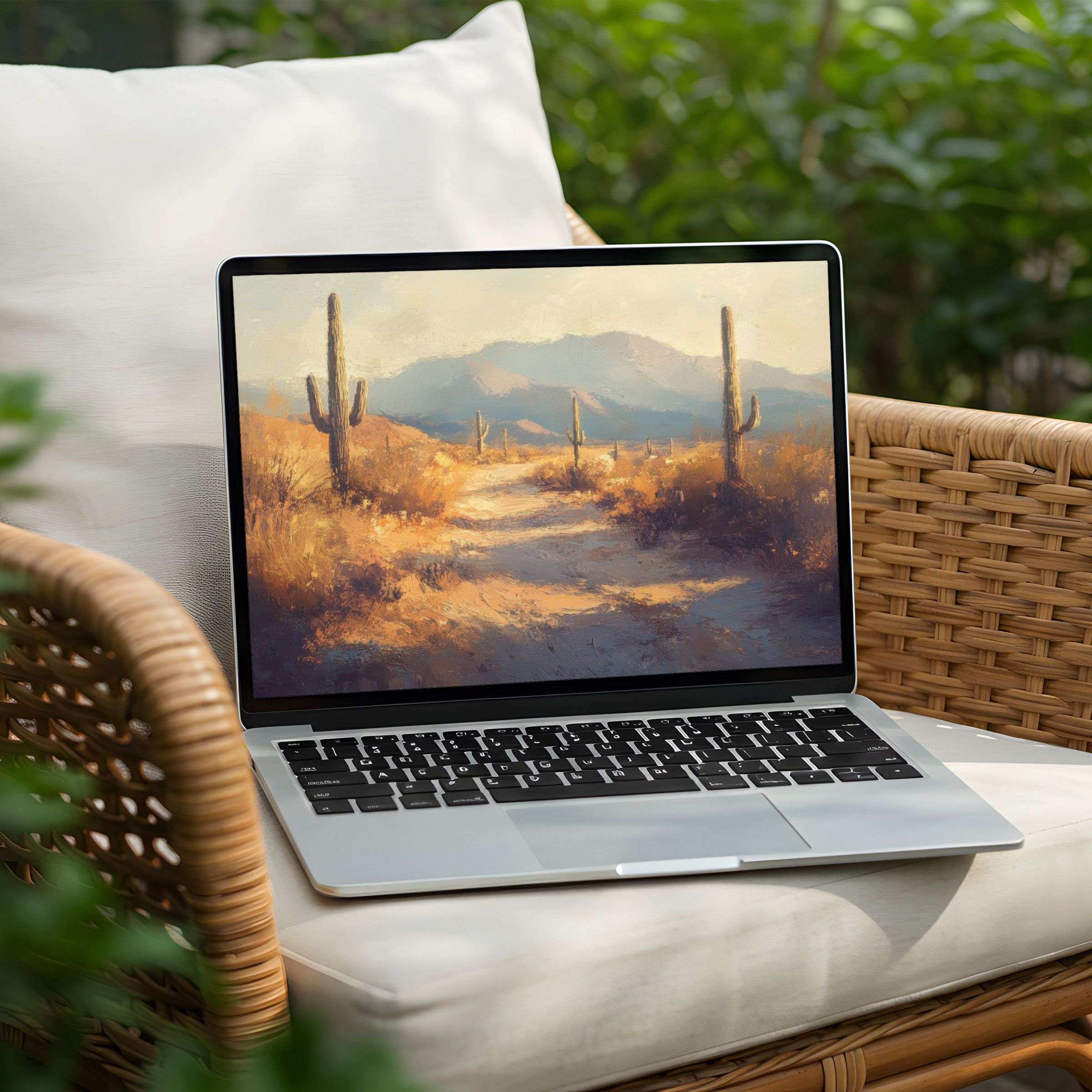 Desert landscape painting on a Laptop for a soothing desktop background instant download PC elegance mindfulness and inspiration
