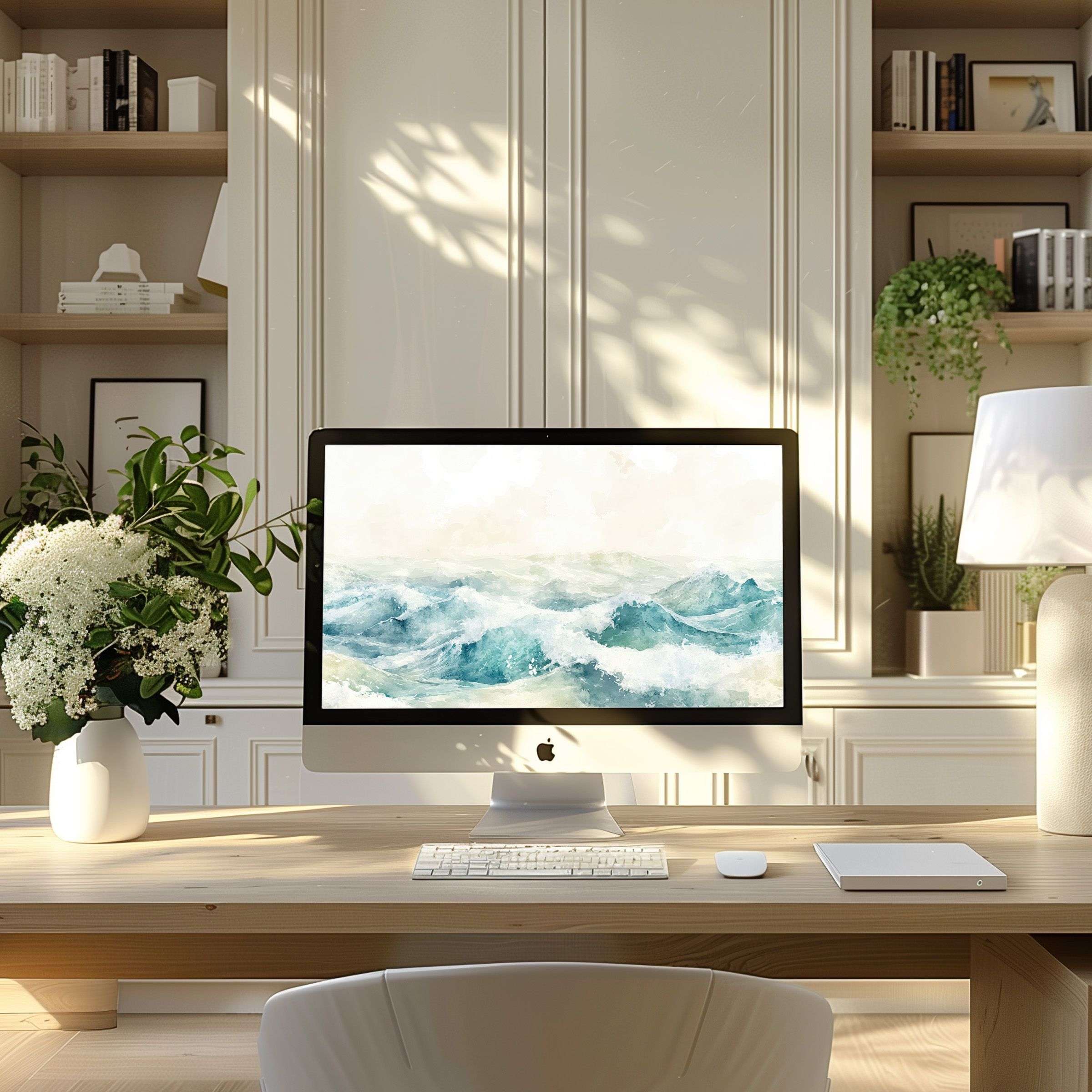 Elegant ocean waves digital download serves as an inspiring wallpaper for computer, PC, or laptop in a modern home office setting