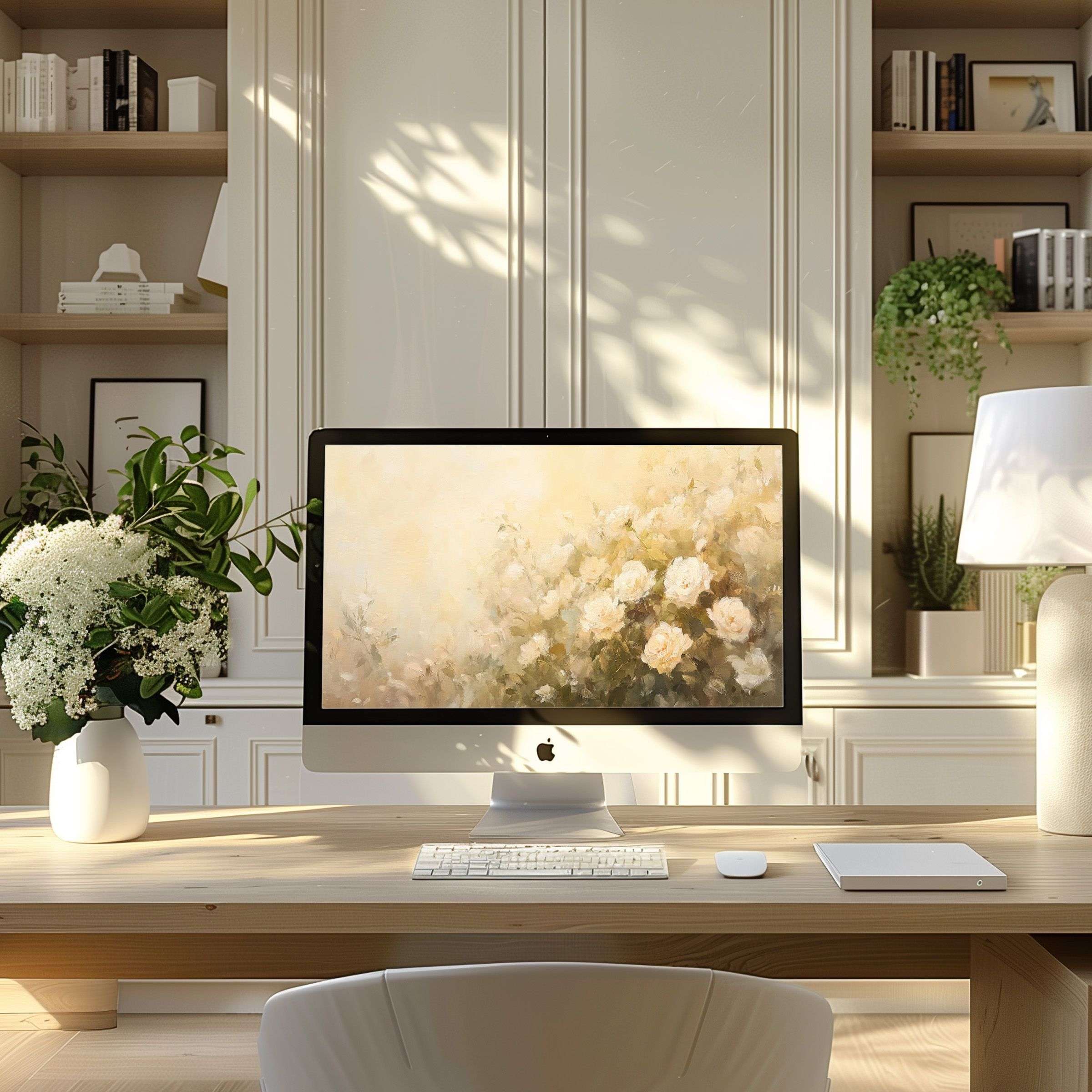 Elegant floral wallpaper for computer, bringing calm inspiration to a modern home office, fits PC, Laptop, ultrawide screens