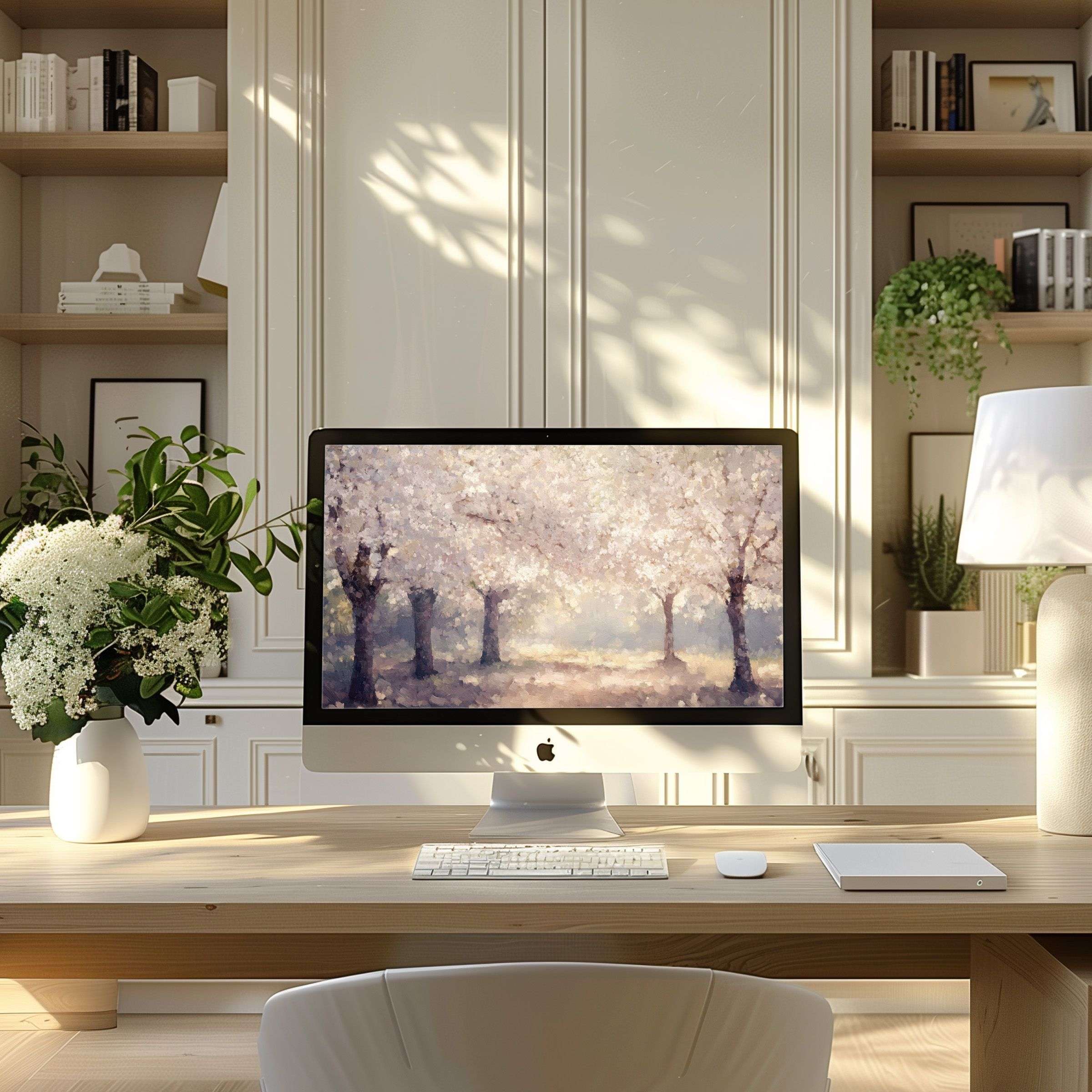 Elegant blossom-themed wallpaper for computer inspires calm in a modern home office, fitting PC, laptop, ultrawide screens