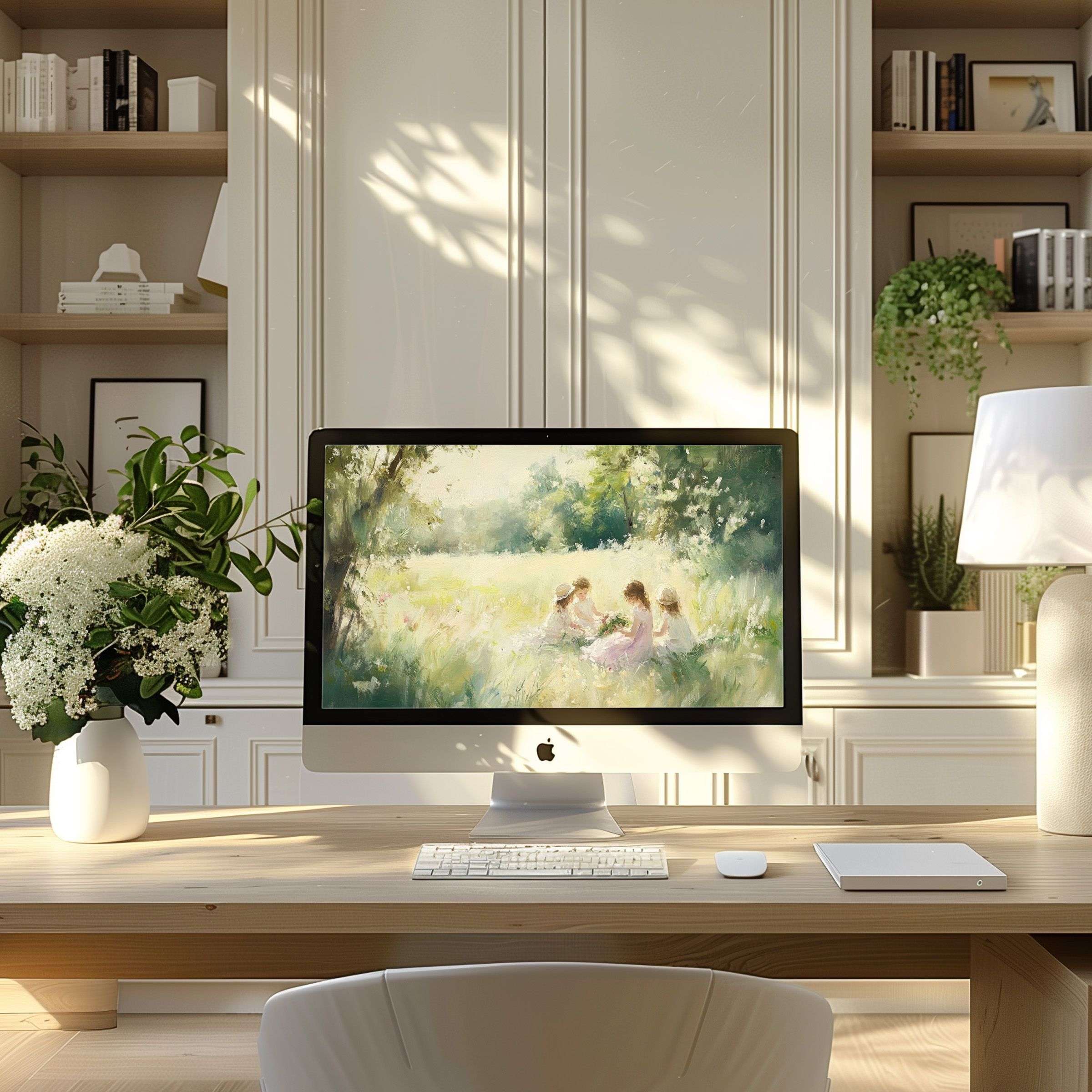 Elegant wallpaper for computer and laptop, featuring serene nature art, inspires calm in a stylish, modern home office setting