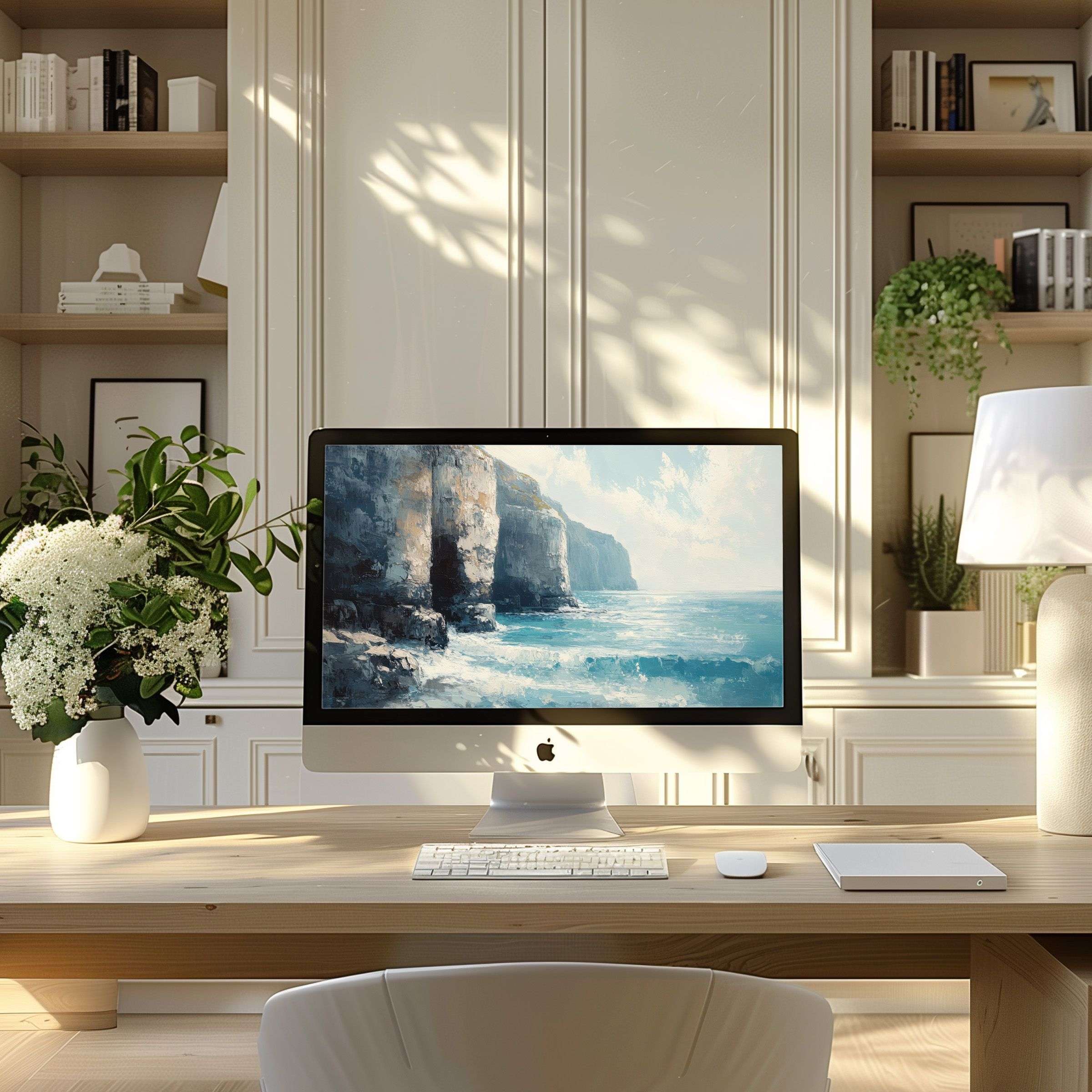 Elegant ocean cliffs digital art wallpaper for computer enhancing calm and inspiration; fits PC, laptop, ultrawide displays