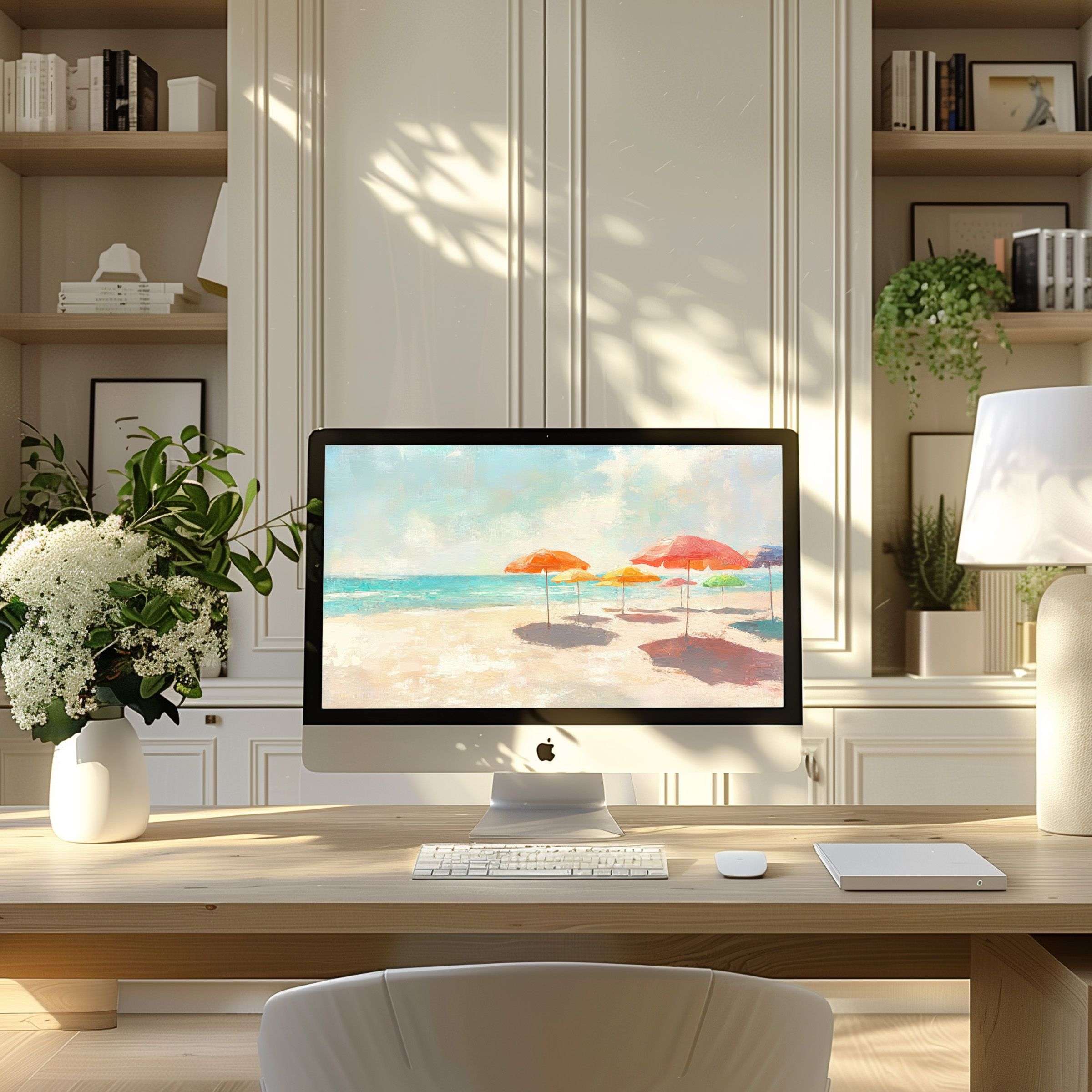 Elegant beach scene wallpaper for computer creates calm, inspiring PC or Laptop ambiance in a modern, serene home office setting