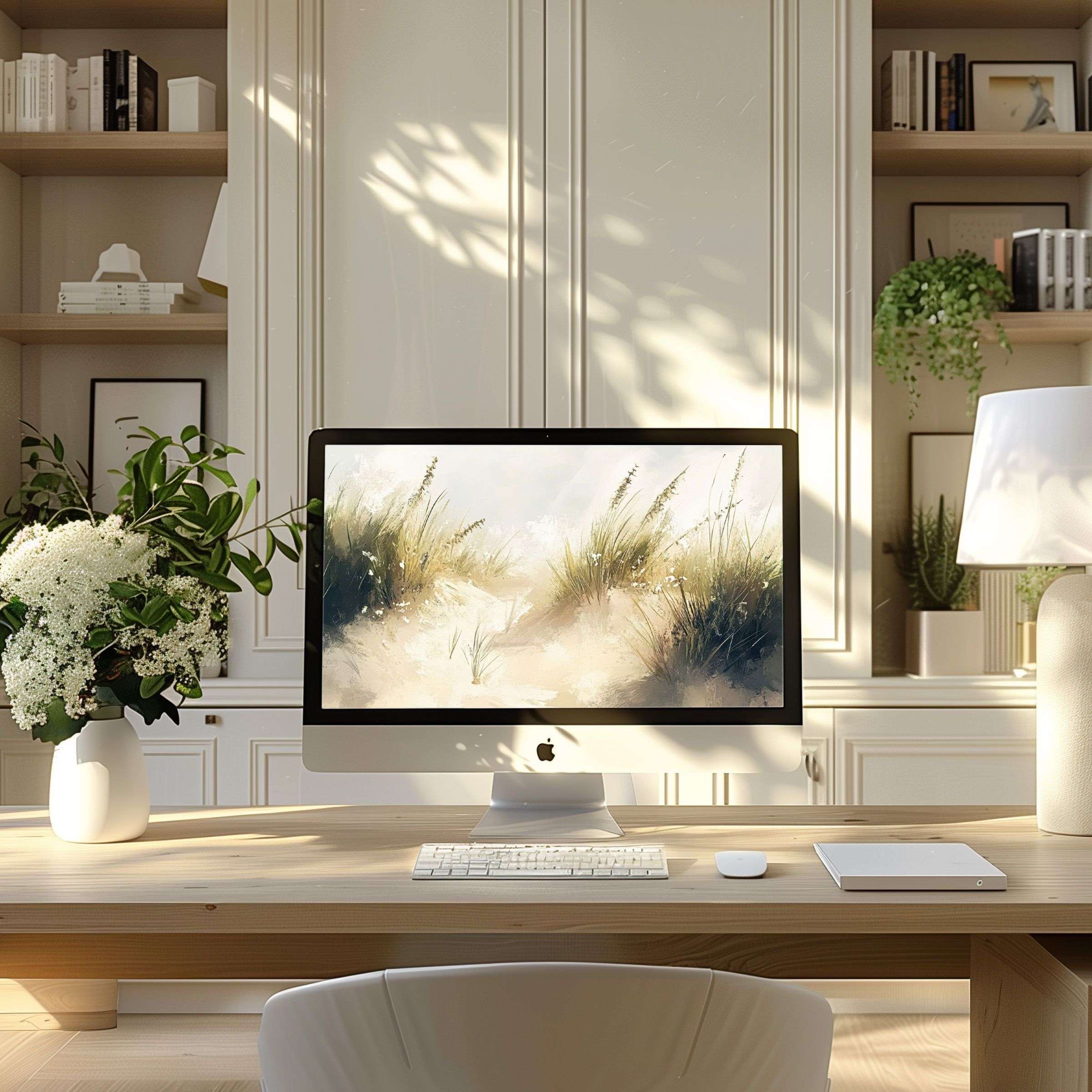 Elegant wallpaper for computer featuring serene soft-toned landscape art enhances calm in a modern home office perfect for PC or laptop