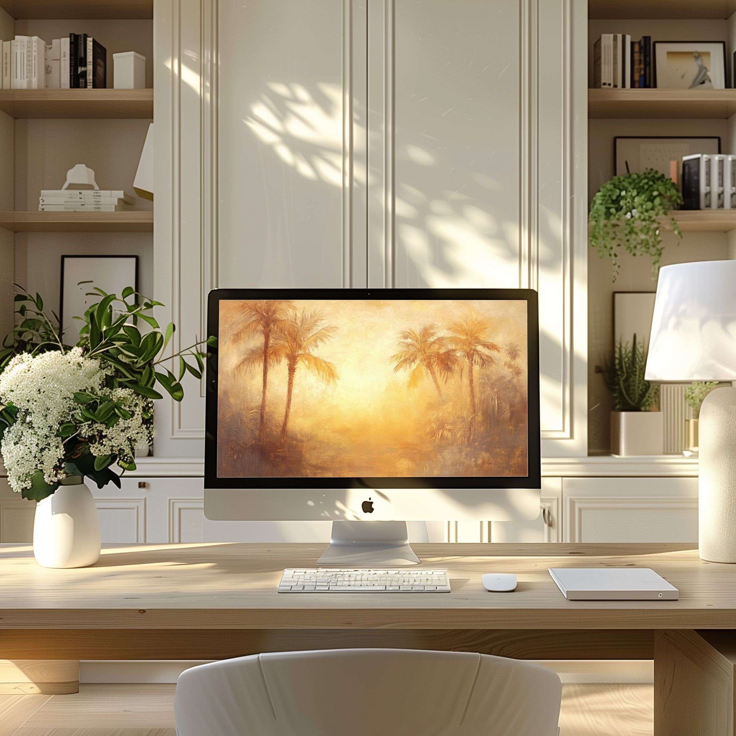 Elegant palm-themed wallpaper for computer in soothing gold tones enhances modern home office, ideal for PC, laptop, digital download