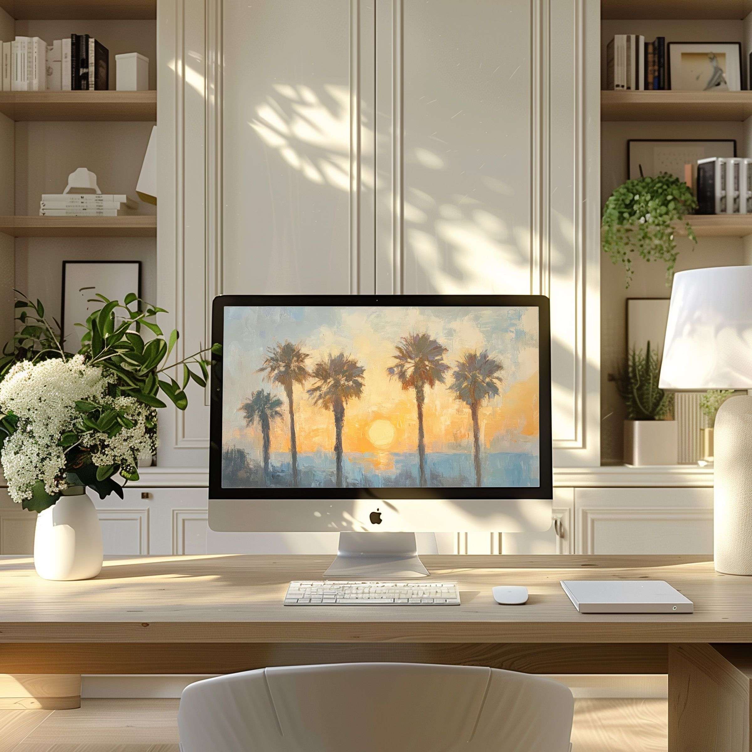 Elegant sunrise palm art wallpaper for computer enhances modern home office aesthetics perfect for PC, Laptop use and digital download