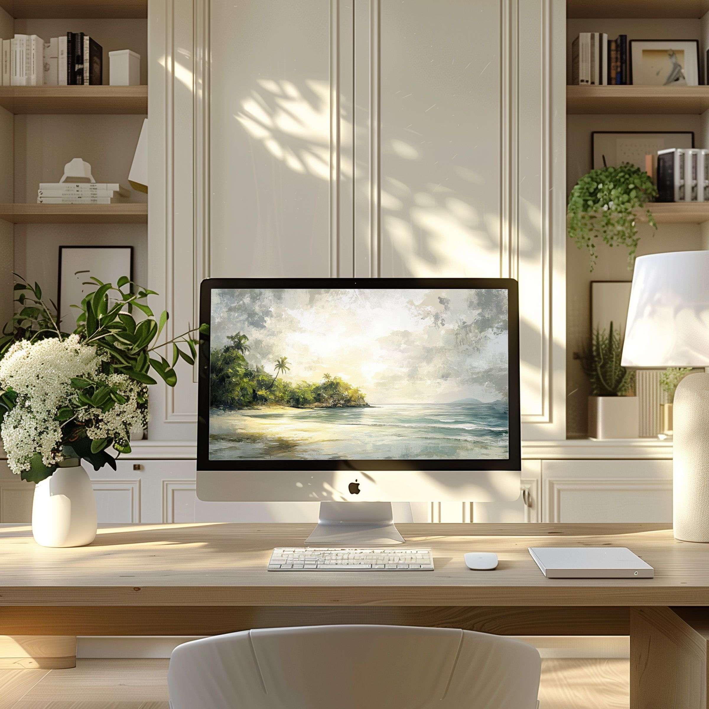 Elegant coastal artwork as wallpaper for computer on a modern desk, enhancing PC or laptop with calm inspiration and style
