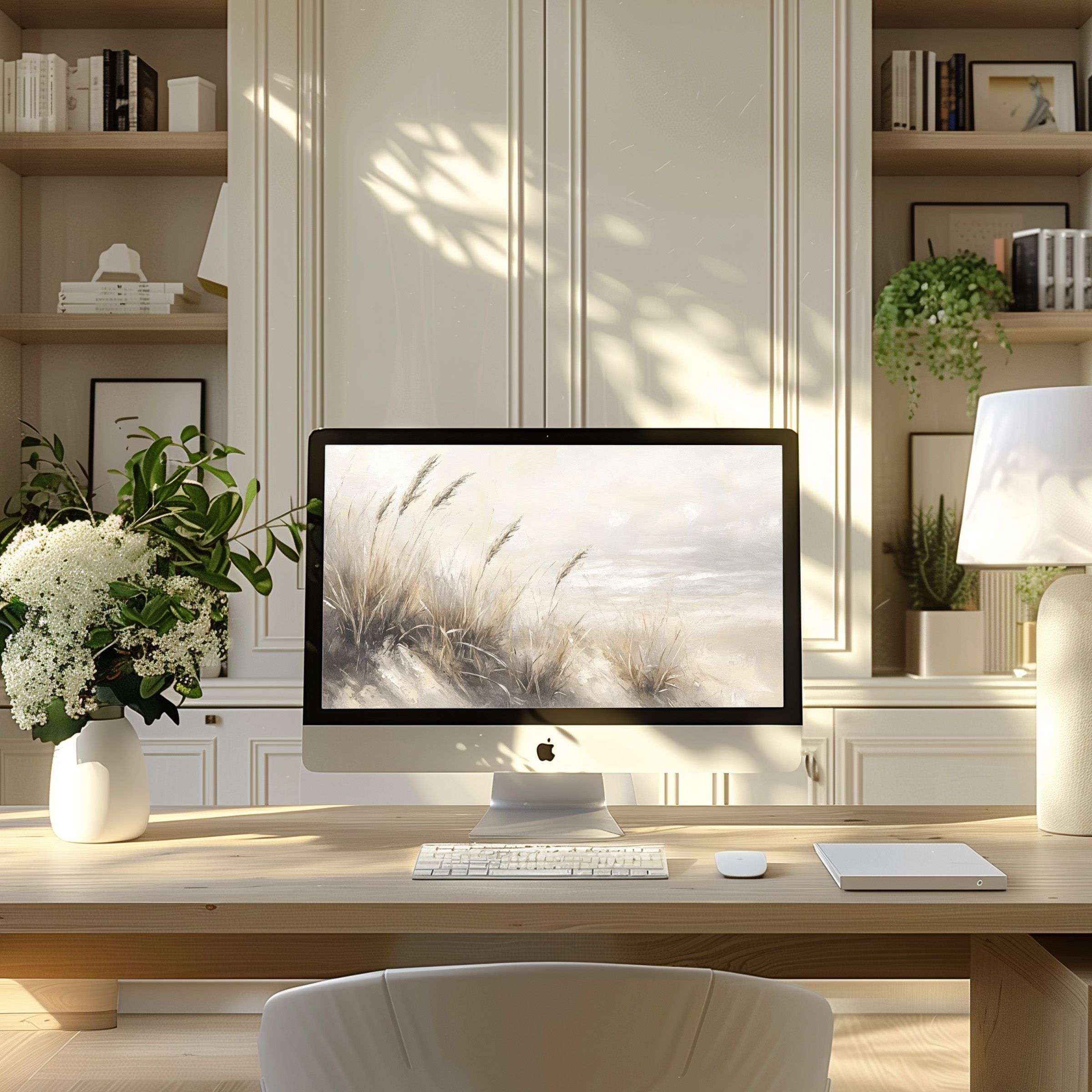 Sleek modern home office with serene nature motif provides calming wallpaper for computer PC and laptop digital download