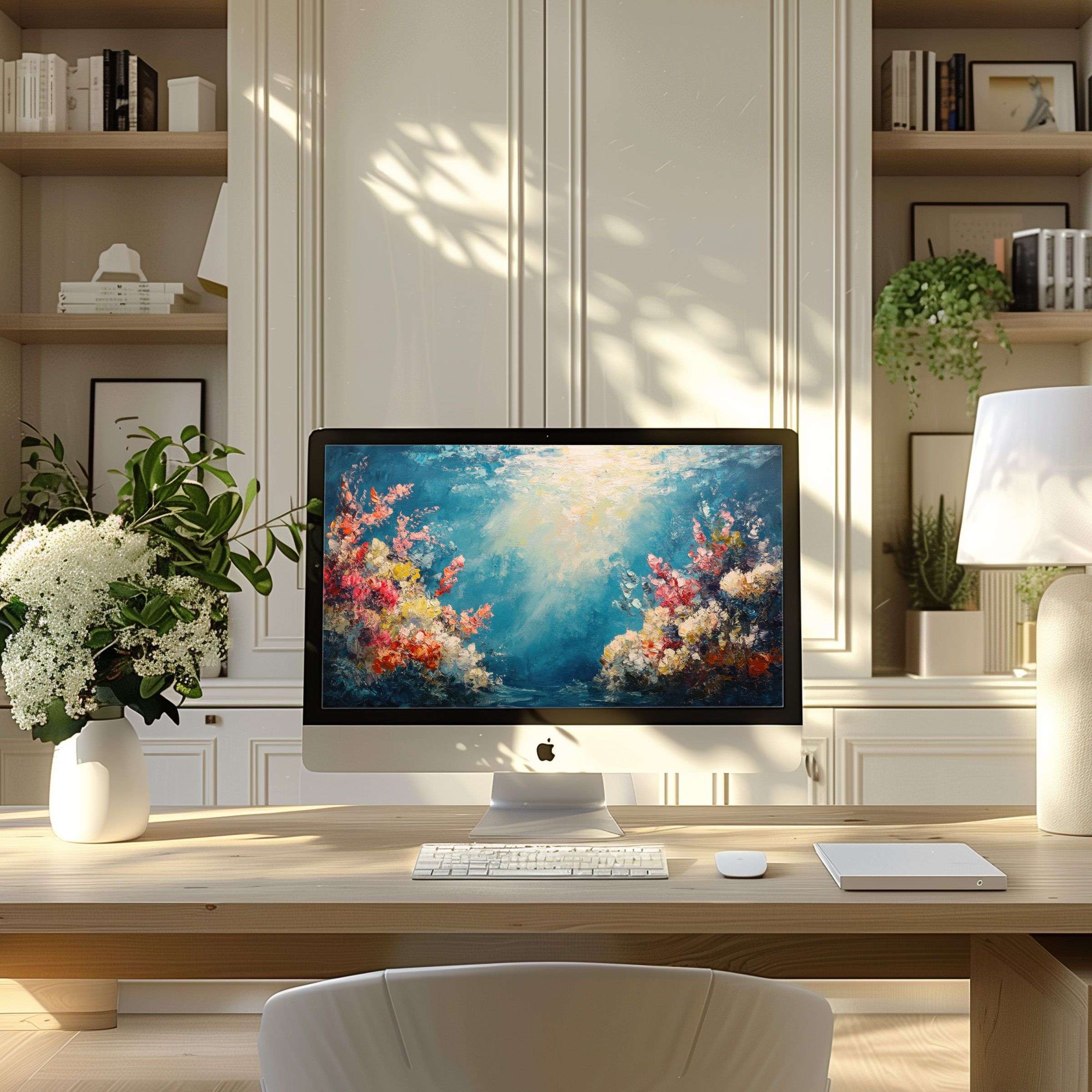 Elegant coral reef digital art as a calming wallpaper for computer in a modern home office; fits PC, laptop, ultrawide displays