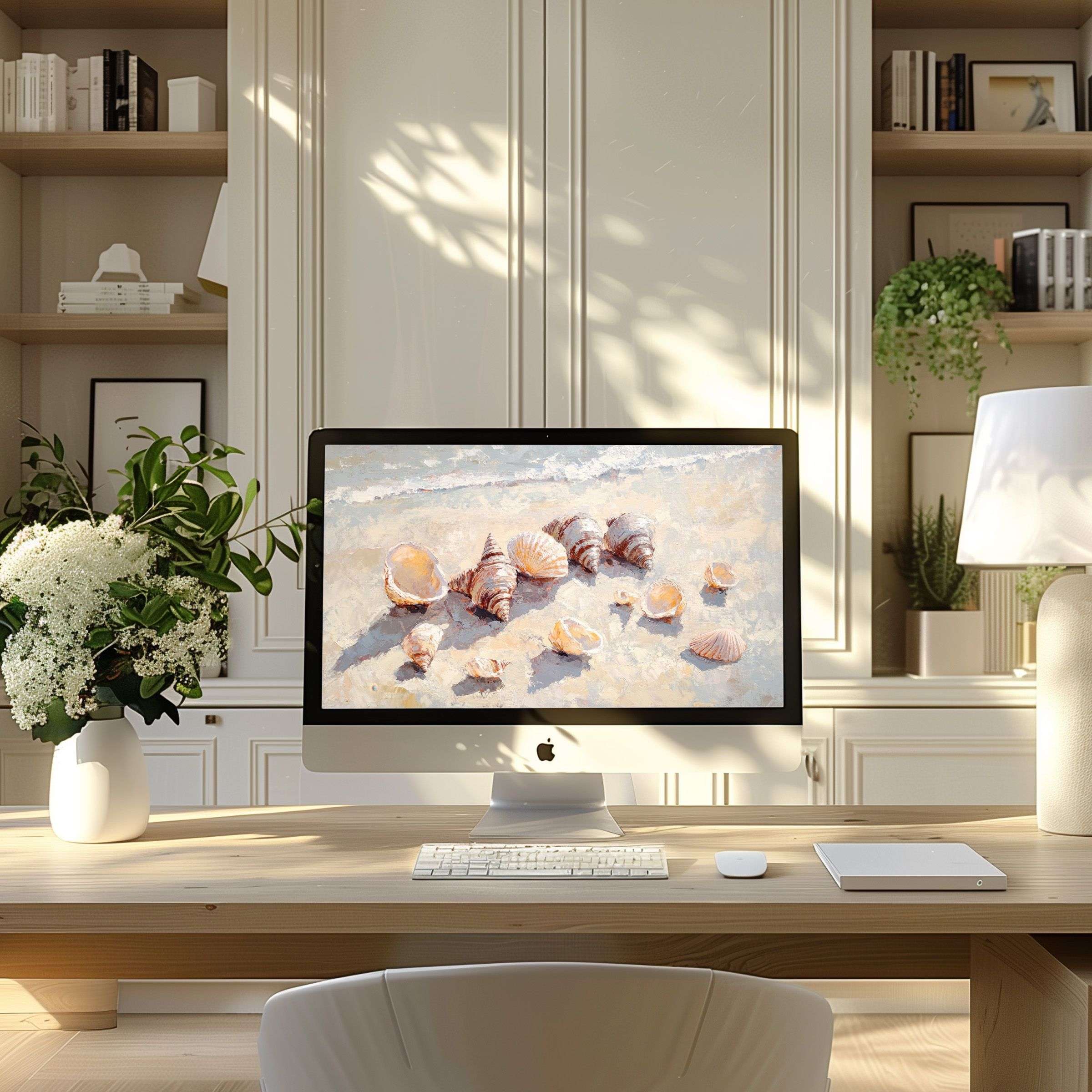 Elegant beach-inspired wallpaper for computer brings calm to any PC or Laptop in a modern, serene home office setting