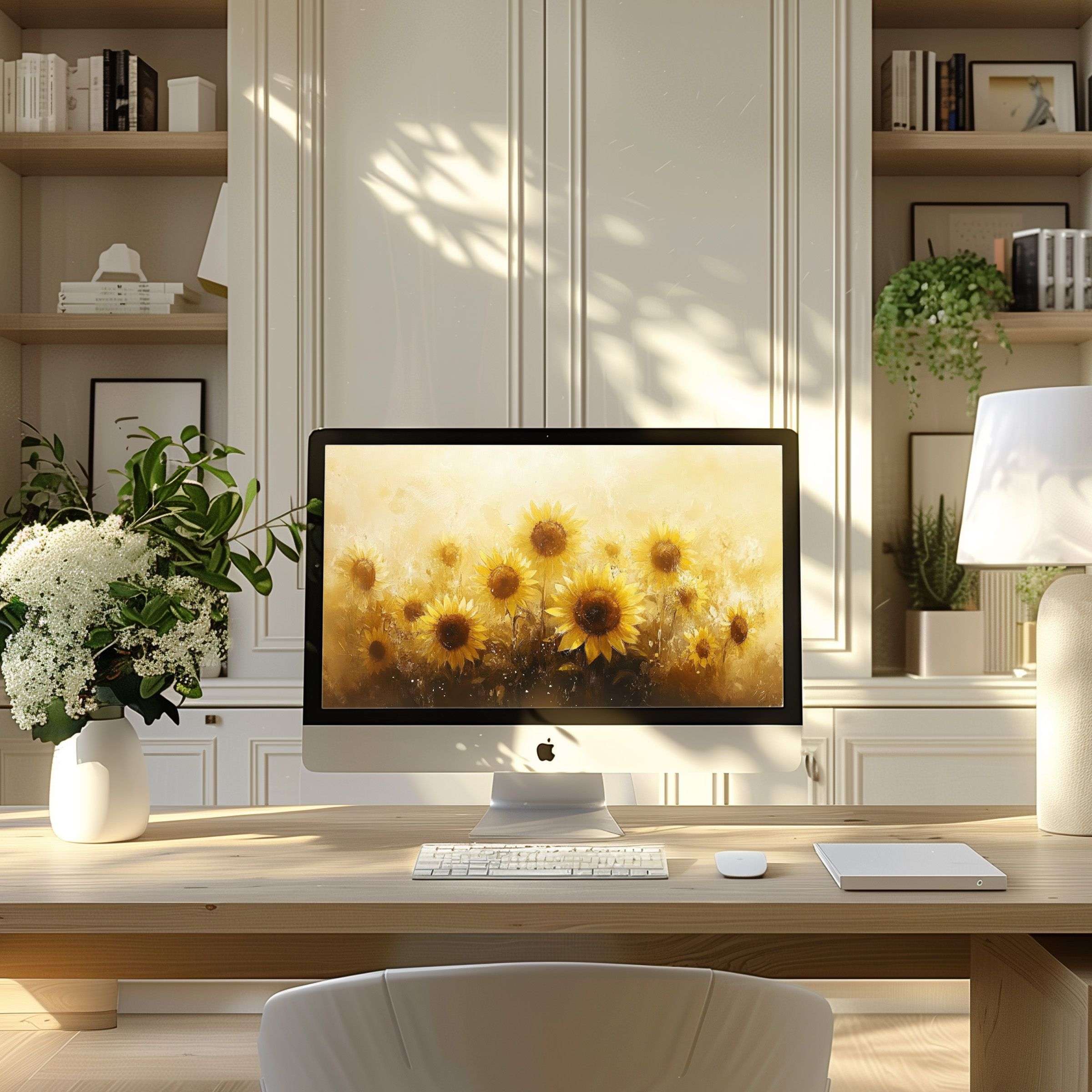 Elegant sunflower digital artwork wallpaper for computer, PC, and laptop in a serene, modern home office setting for calm inspiration