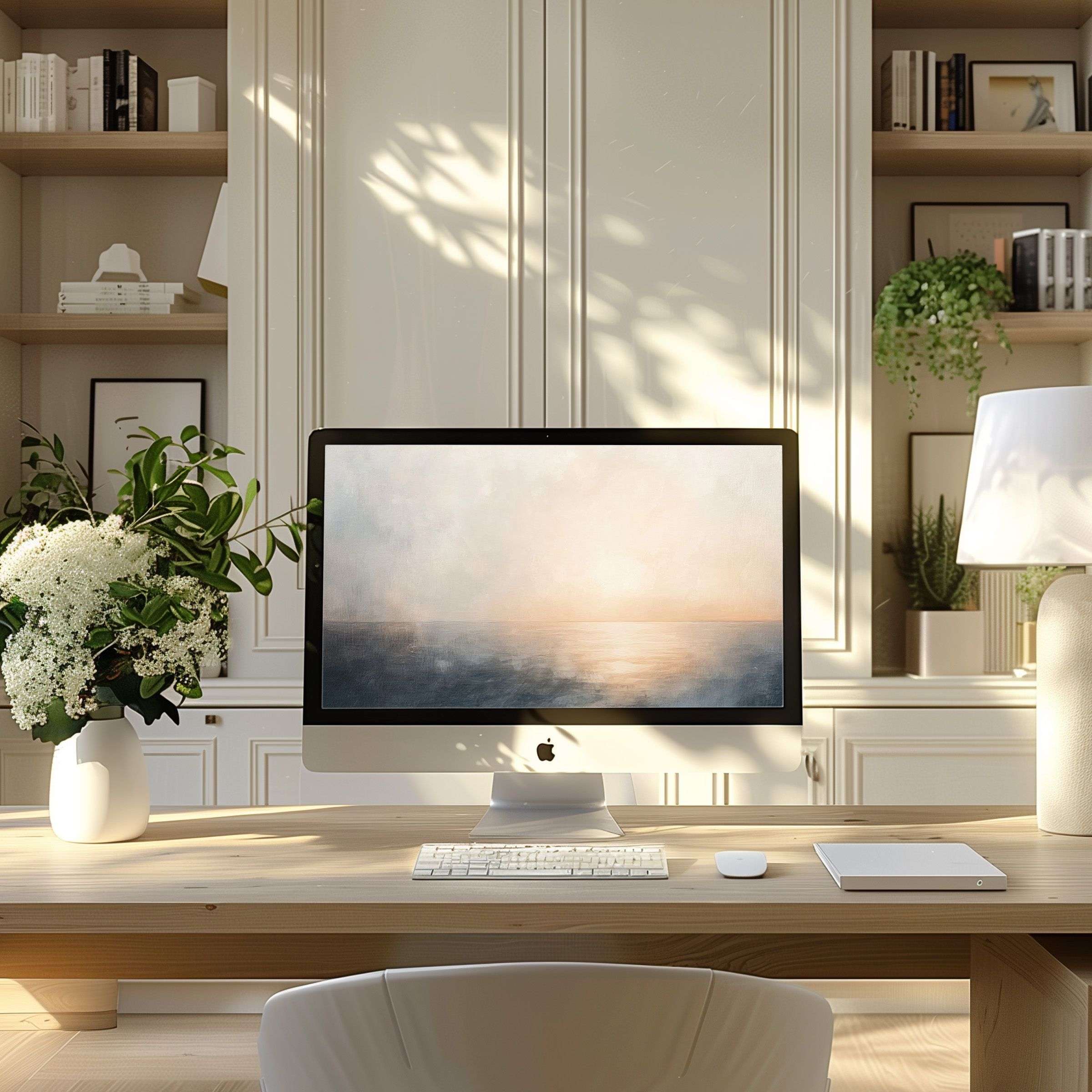 Elegant sunrise digital art wallpaper for computer enhances a modern home office on PC or laptop inspiring calm and aesthetics