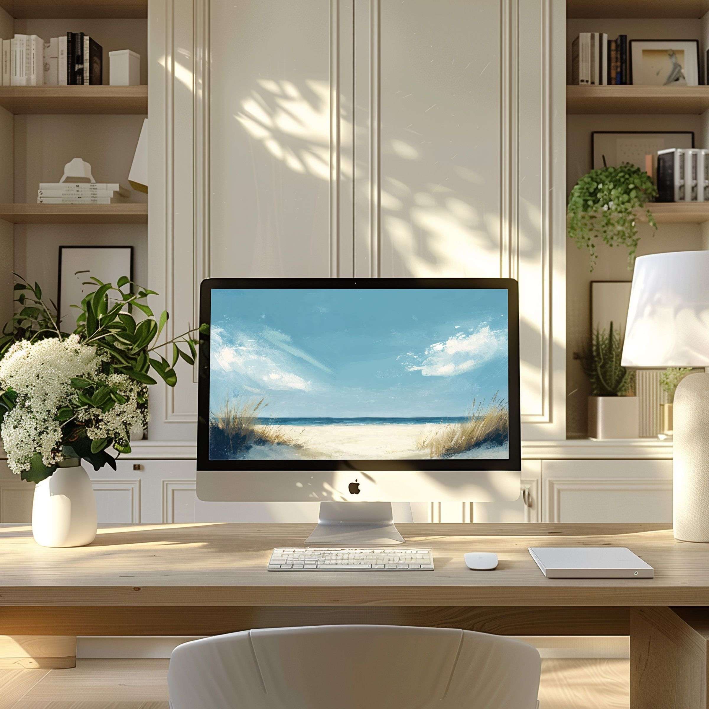 Serene beachscape wallpaper for computer creates calm in a modern home office, perfect for PC, laptop, ultrawide digital decor